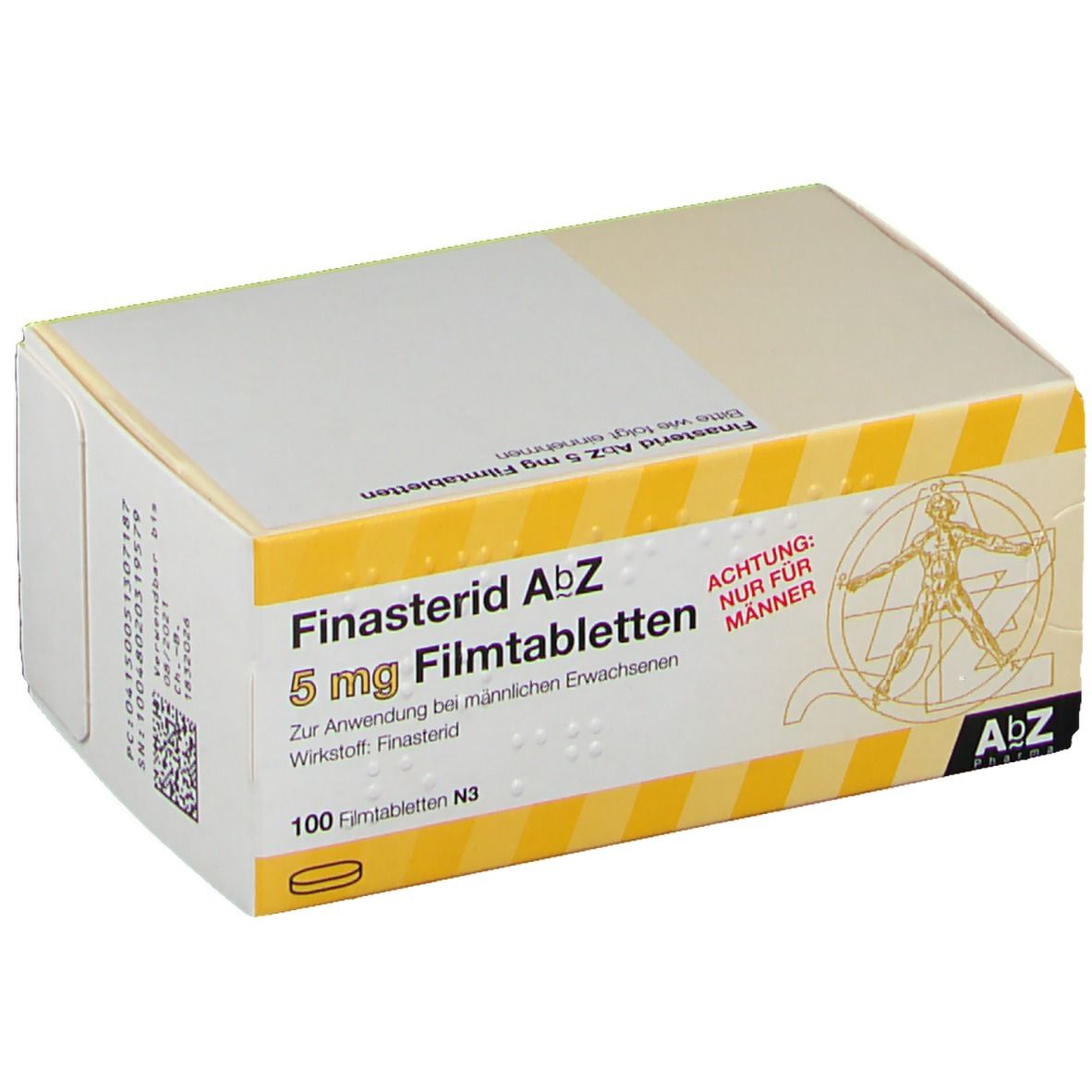 Karton mit Finasterid AbZ 5 mg Filmtabletten. Gelb-weißes Design. Aufschrift: 100 Filmtabletten N3. Achtung: Nur für Männer.