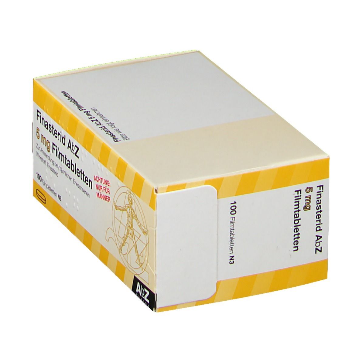 Karton von Finasterid AbZ 5 mg Filmtabletten. Gelb-weißes Design. Aufschrift: 100 Filmtabletten N3. Achtung: Nur für Männer.