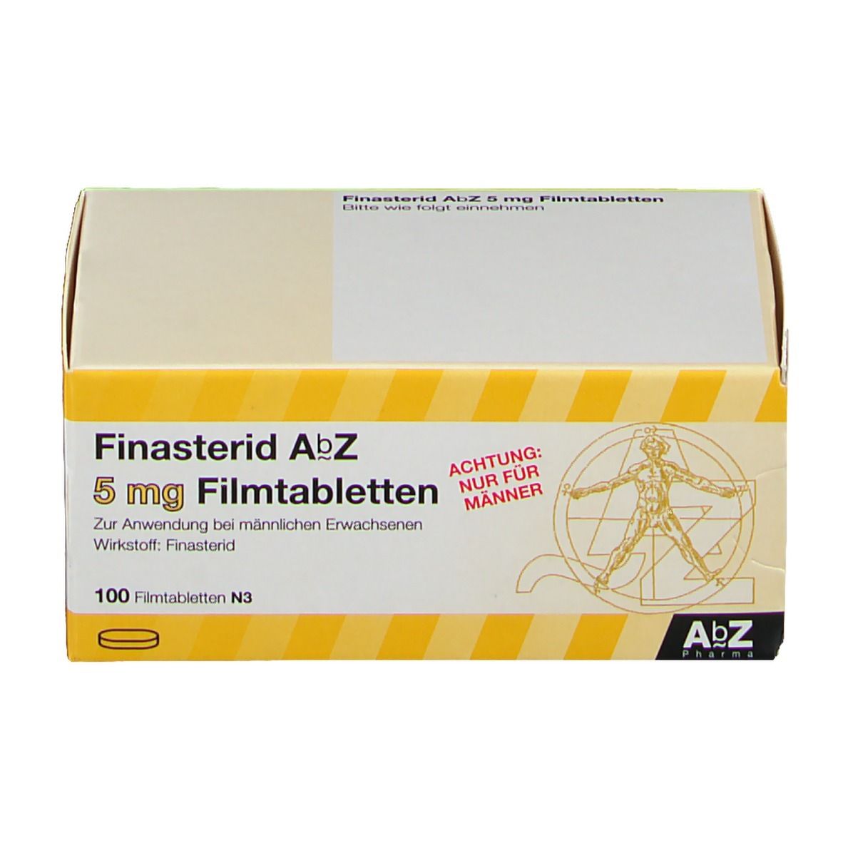 Karton mit Finasterid AbZ 5 mg Filmtabletten. Gelb-weißes Design. Aufschrift: 100 Filmtabletten N3. Achtung: Nur für Männer.
