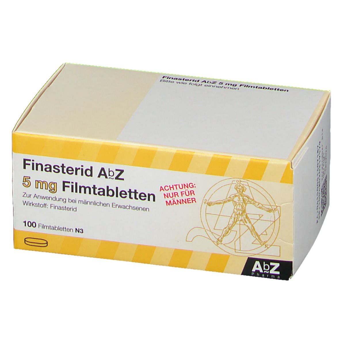 Karton mit Finasterid AbZ 5 mg Filmtabletten. Gelb-weißes Design. Aufschrift: 100 Filmtabletten N3. Achtung: Nur für Männer.