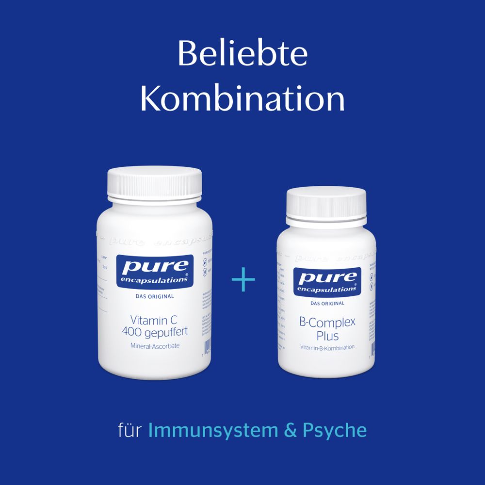 Zwei Flaschen. Eine mit Vitamin C, eine mit B-Complex Plus. Text: für Immunsystem & Psyche.