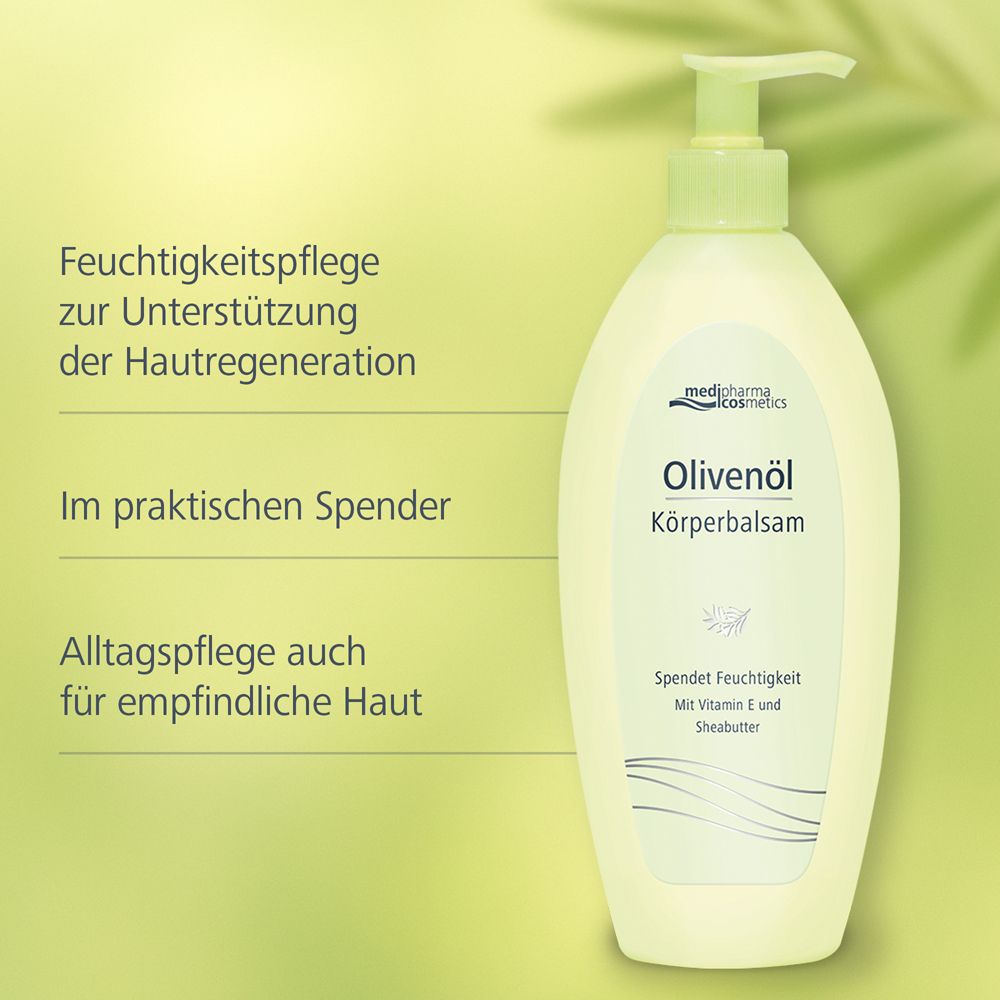 Körperbalsam-Flasche mit grünem Spender. Text: Feuchtigkeitspflege, im praktischen Spender, Alltagspflege. Aufschrift: Olivenöl Körper-Balsam.