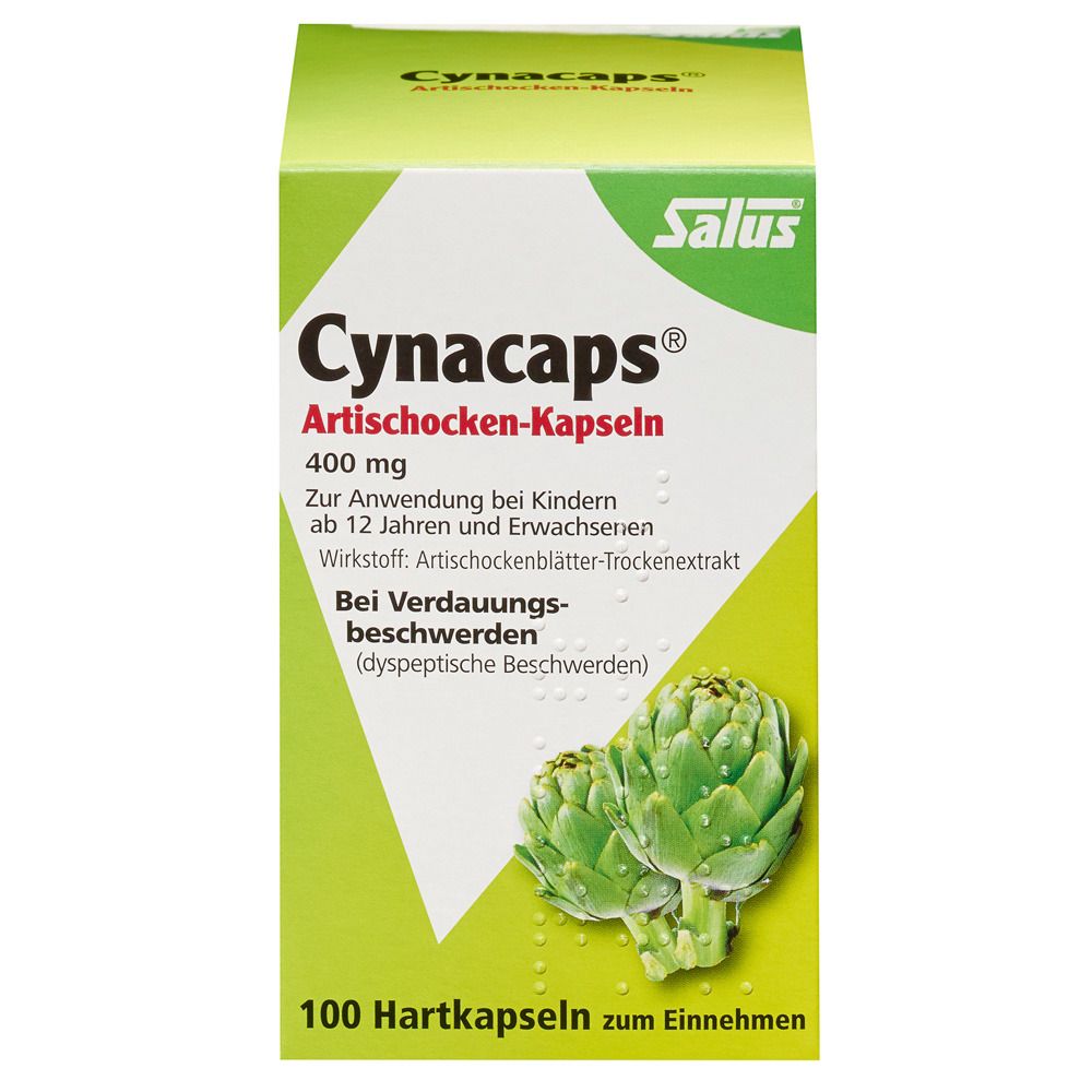 Schachtel mit Salus® Cynacaps® Artischocken-Kapseln. Aufschrift: Cynacaps, Artischocken-Kapseln, 400 mg, 100 Hartkapseln.