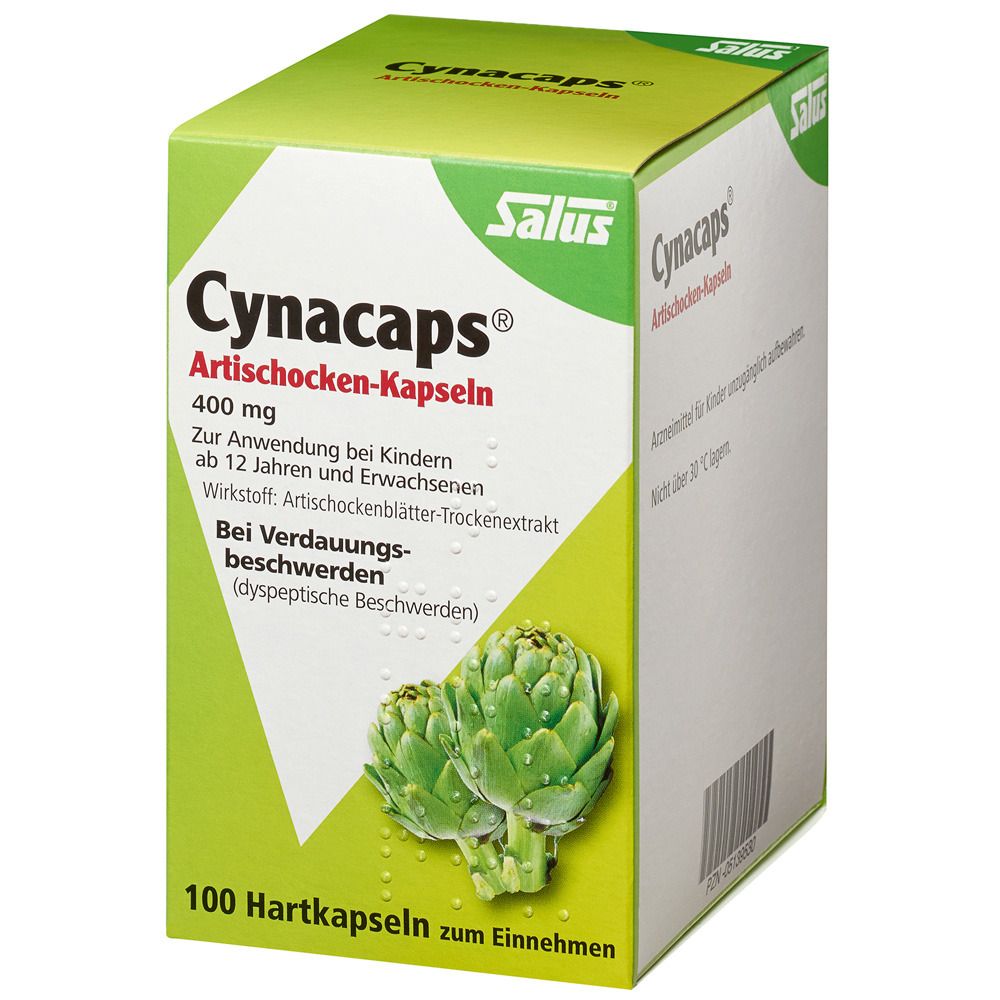 Schachtel mit Salus® Cynacaps® Artischocken-Kapseln. Aufschrift: Cynacaps, Artischocken-Kapseln, 400 mg, 100 Hartkapseln.