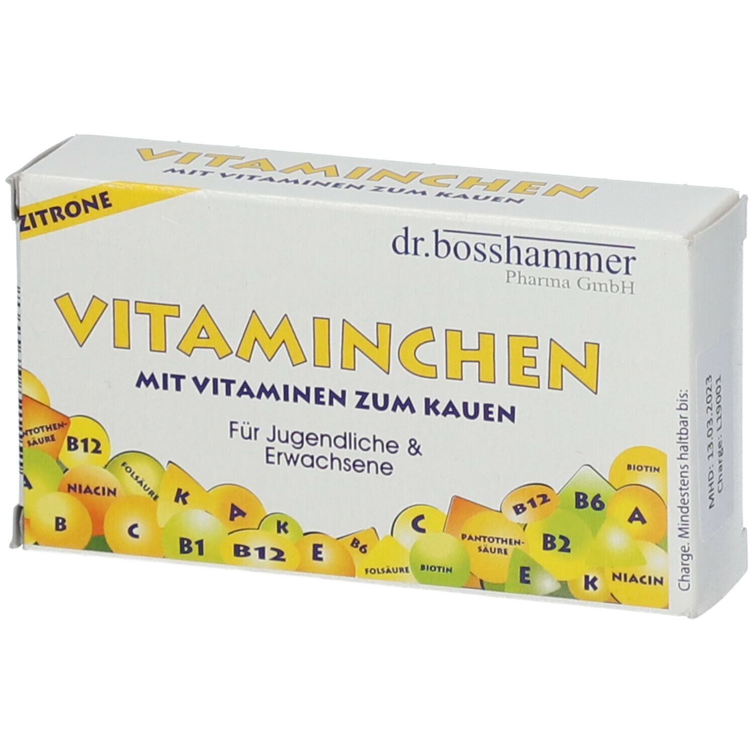 Karton mit Kaubonbons. Aufschrift: "Vitaminchen", "Zitrone". Für Jugendliche & Erwachsene. Gelbe und grüne Illustrationen.