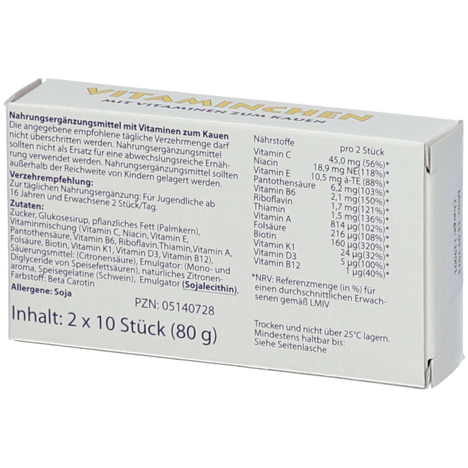 Rückseite der Vitaminchen Zitrone Packung. Enthält Nährwertangaben und Zutatenliste. Inhalt: 2 x 10 Stück (80 g).