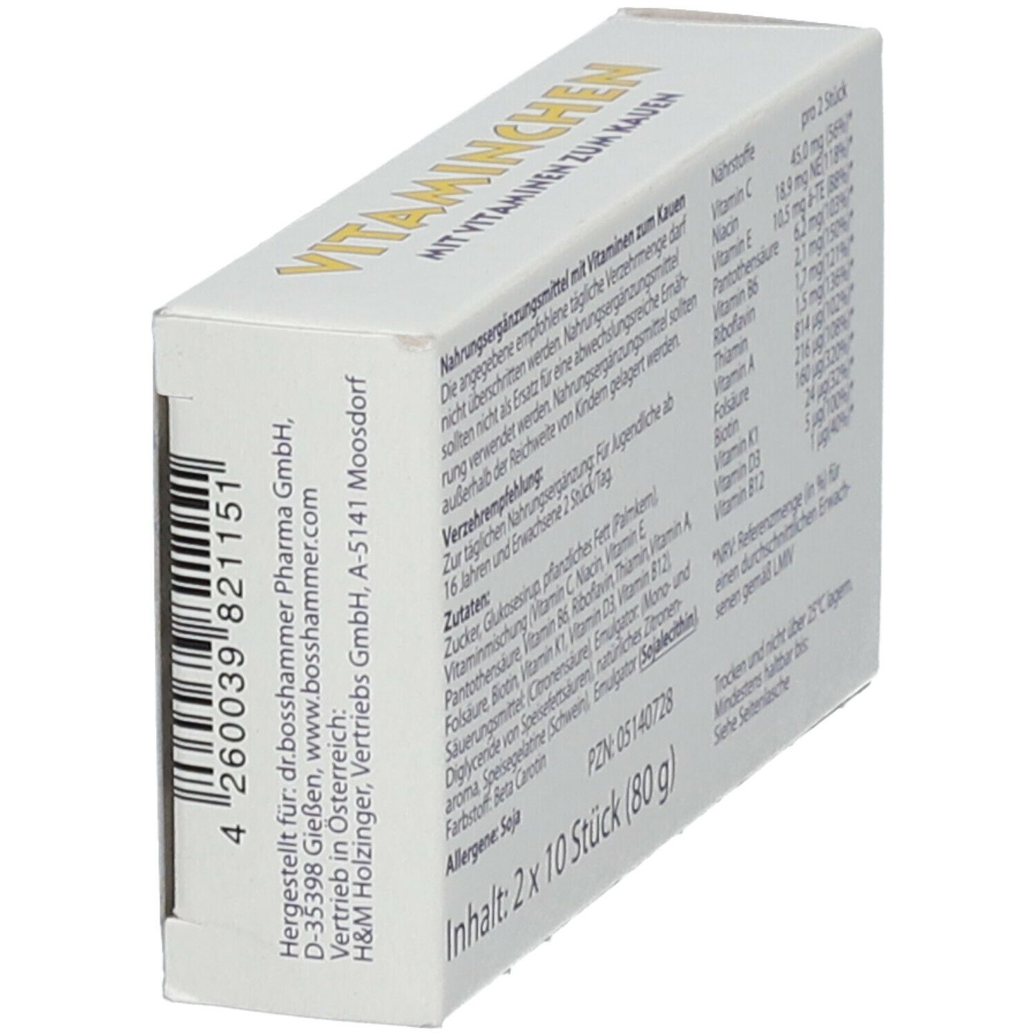 Seite der Vitaminchen Zitrone Packung. Enthält Nährwertangaben und Zutatenliste. Inhalt: 2 x 10 Stück (80 g).