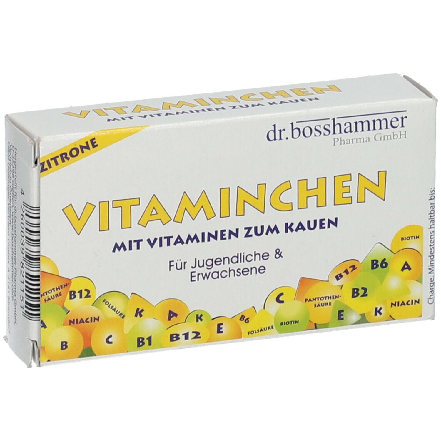 Karton mit Kaubonbons. Aufschrift: "Vitaminchen", "Zitrone". Für Jugendliche & Erwachsene. Gelbe und grüne Illustrationen.