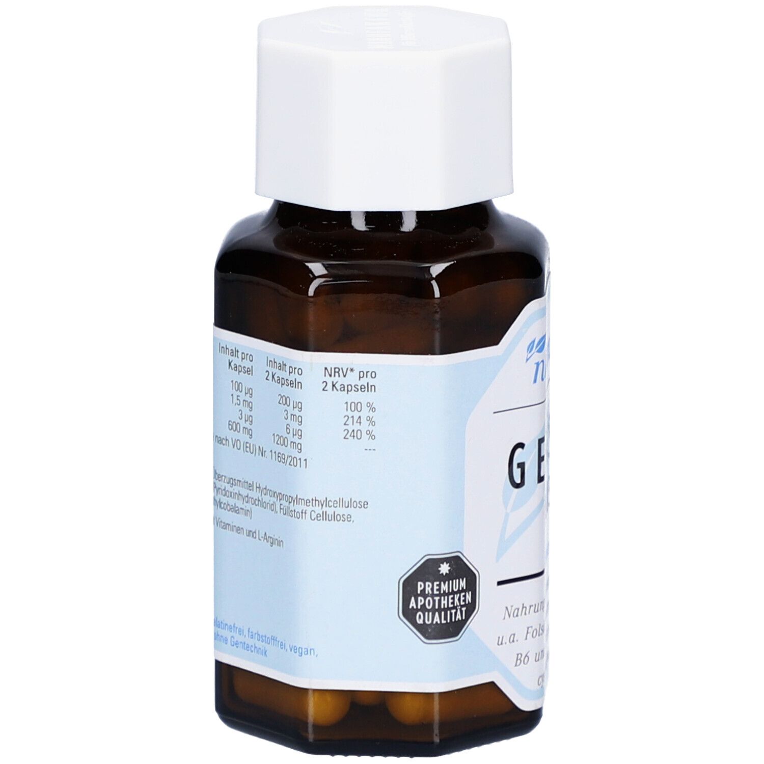 Braune Glasflasche mit weißem Deckel. Aufkleber mit Inhaltsangaben und Nährwertangaben. Premium Apotheken Qualität.