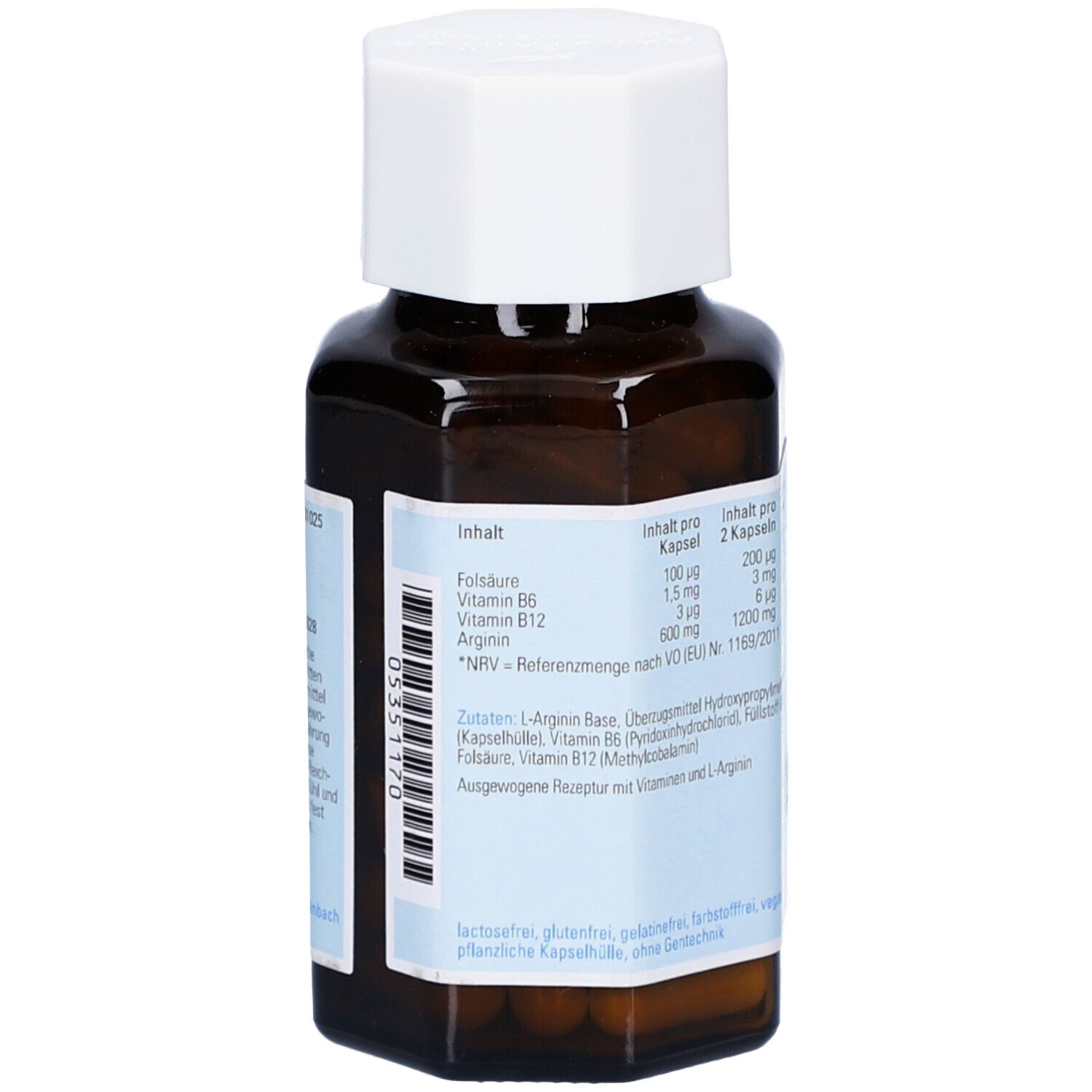 Braune Glasflasche mit weißem Deckel. Aufkleber mit Inhaltsangaben: Folsäure, Vitamin B6, Vitamin B12, Arginin.