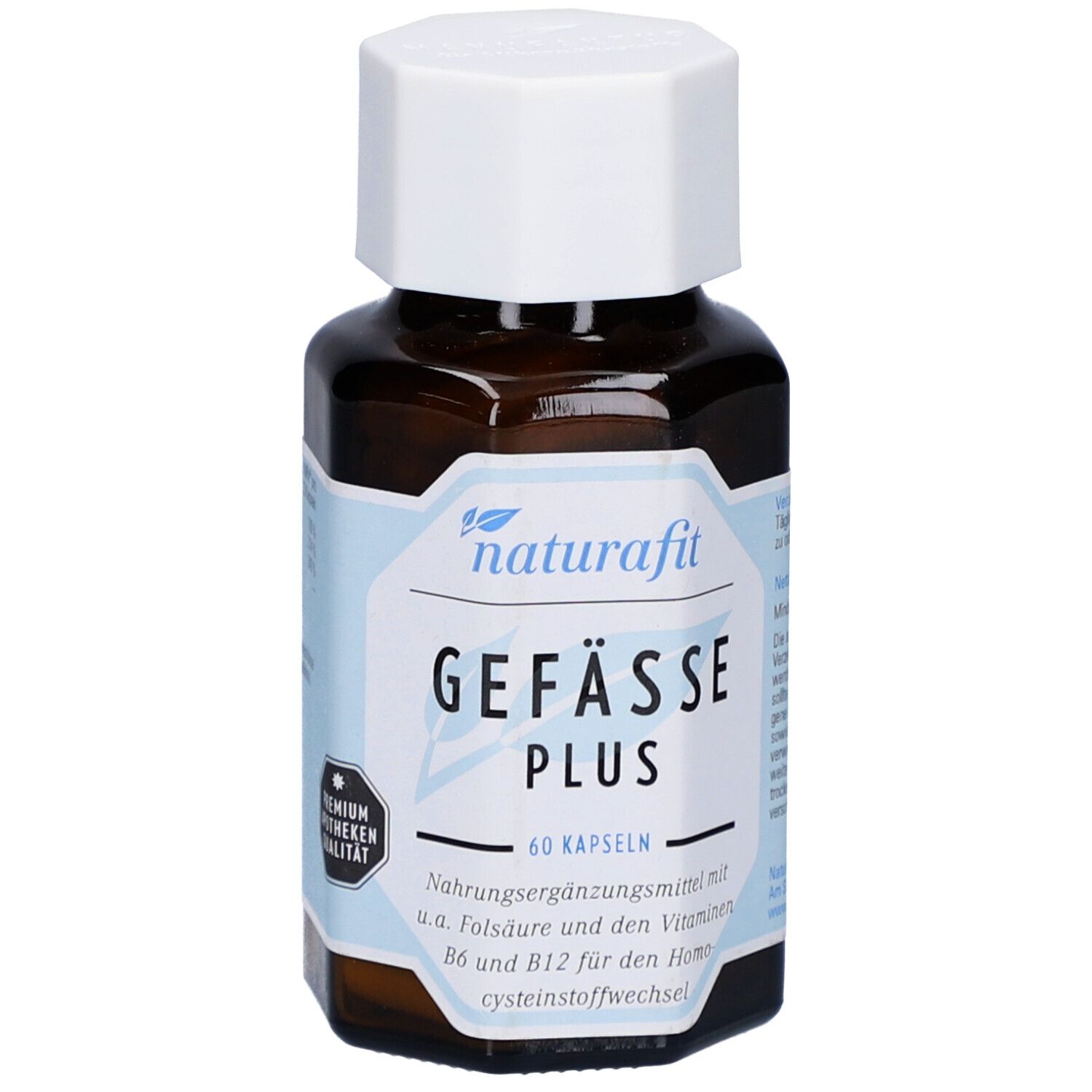 Braune Glasflasche mit weißem Deckel. Aufkleber mit Produktnamen: NATURAFIT Gefäße Plus Kapseln. 60 Kapseln.