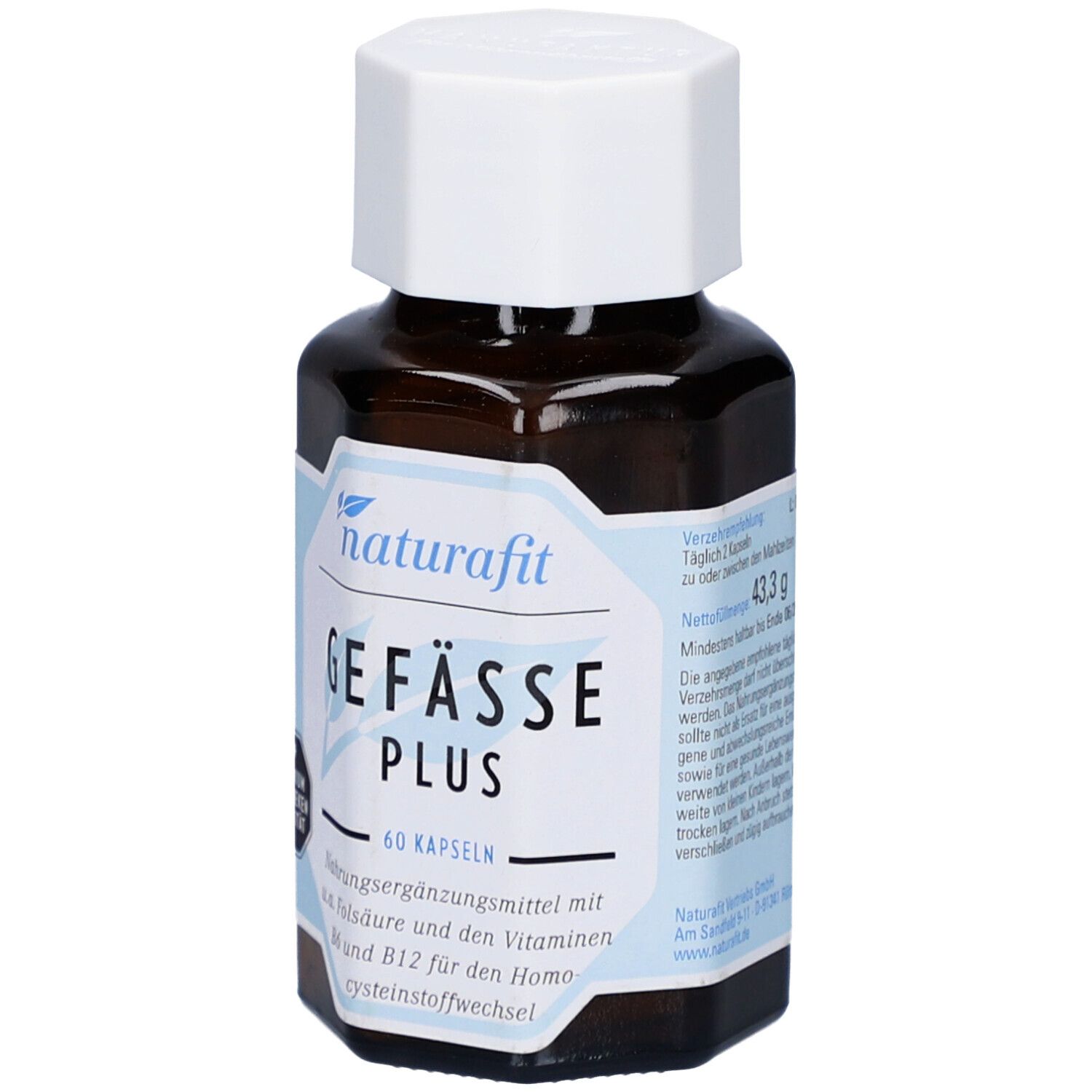 Braune Glasflasche mit weißem Deckel. Aufkleber mit Produktnamen: NATURAFIT Gefäße Plus Kapseln. 60 Kapseln. Informationen.