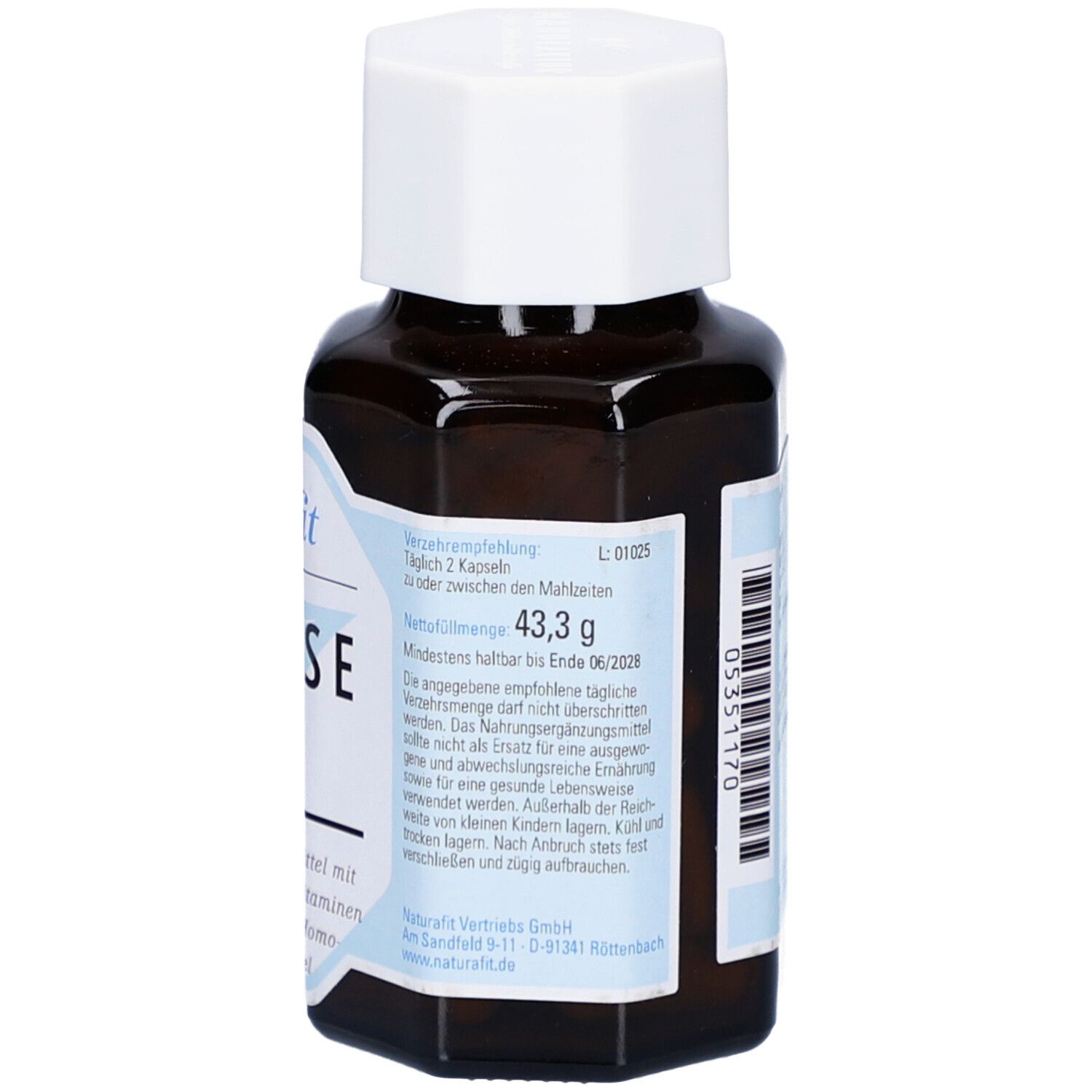 Braune Glasflasche mit weißem Deckel. Aufkleber mit Informationen: Verzehrempfehlung, Mindesthaltbarkeit, Nettogewicht.