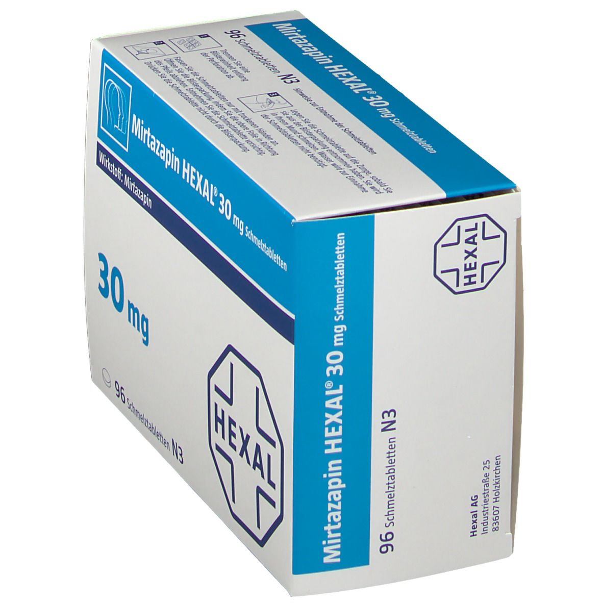 Schachtel MIRTAZAPIN HEXAL 30 mg Schmelztabletten. Blaue und weiße Verpackung. Enthält 96 Tabletten. HEXAL Logo.