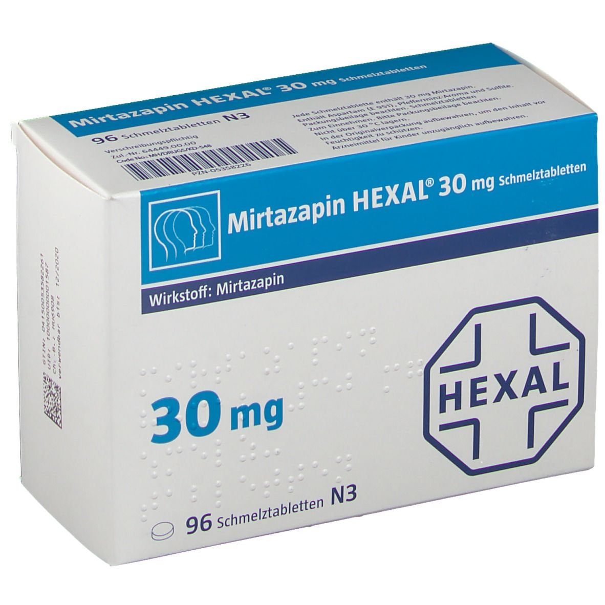 Schachtel MIRTAZAPIN HEXAL 30 mg Schmelztabletten. Weiße Verpackung mit blauen Akzenten. Enthält 96 Tabletten. HEXAL Logo.