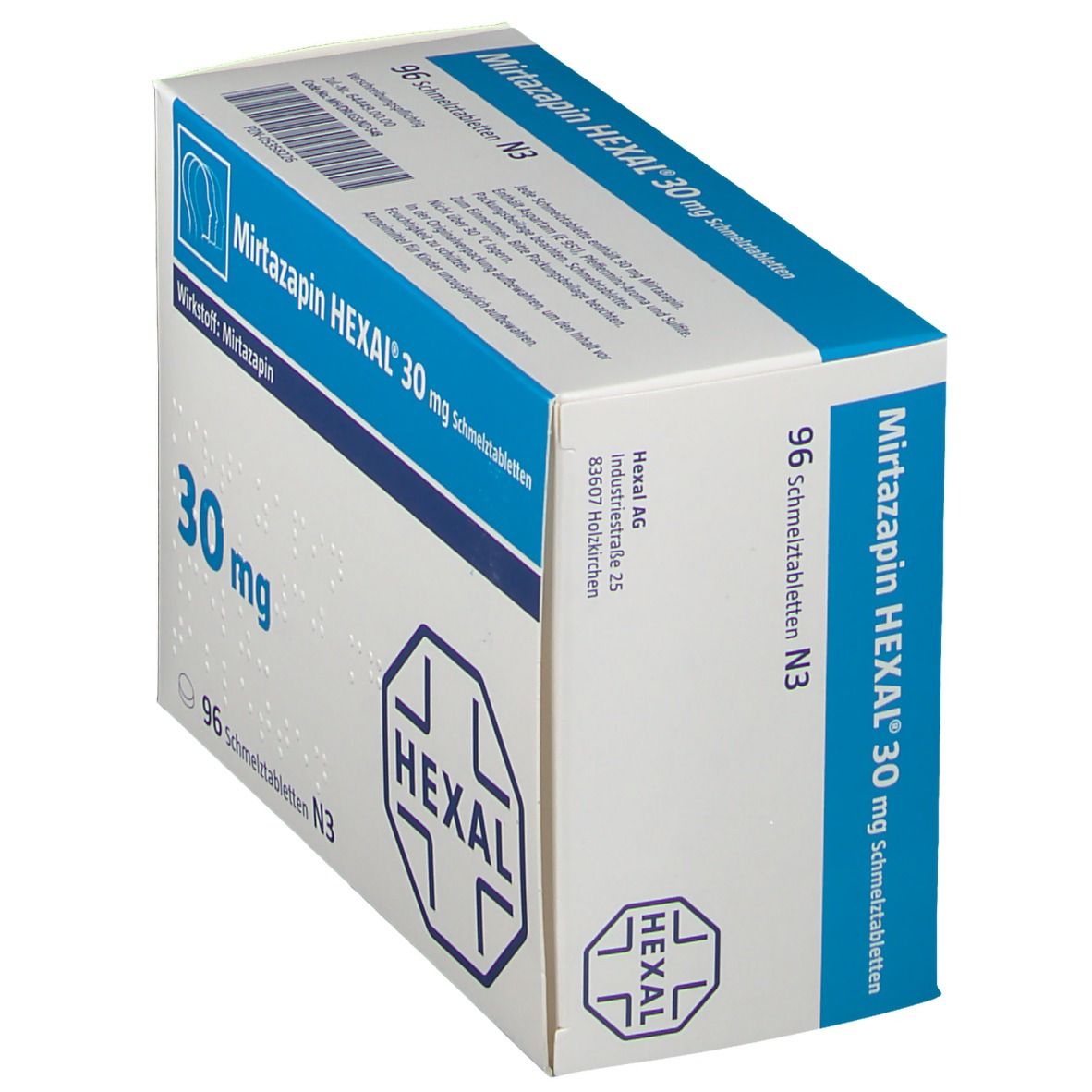 Schachtel MIRTAZAPIN HEXAL 30 mg Schmelztabletten. Weiße Verpackung mit blauen Akzenten. Enthält 96 Tabletten. HEXAL Logo.