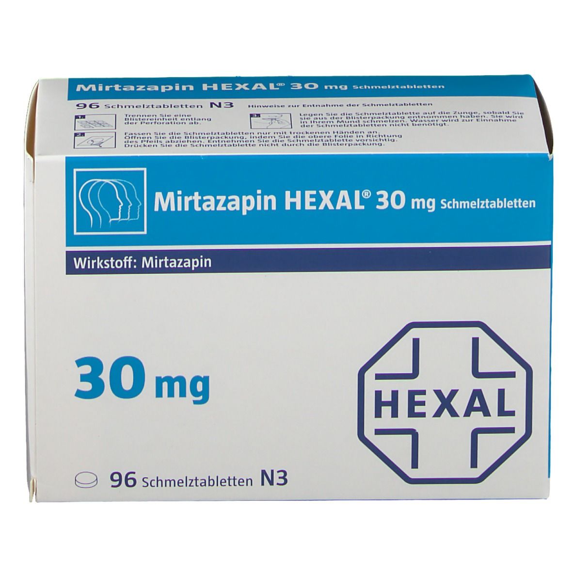 Schachtel MIRTAZAPIN HEXAL 30 mg Schmelztabletten. Weiße Verpackung mit blauen Akzenten. Enthält 96 Tabletten. HEXAL Logo.