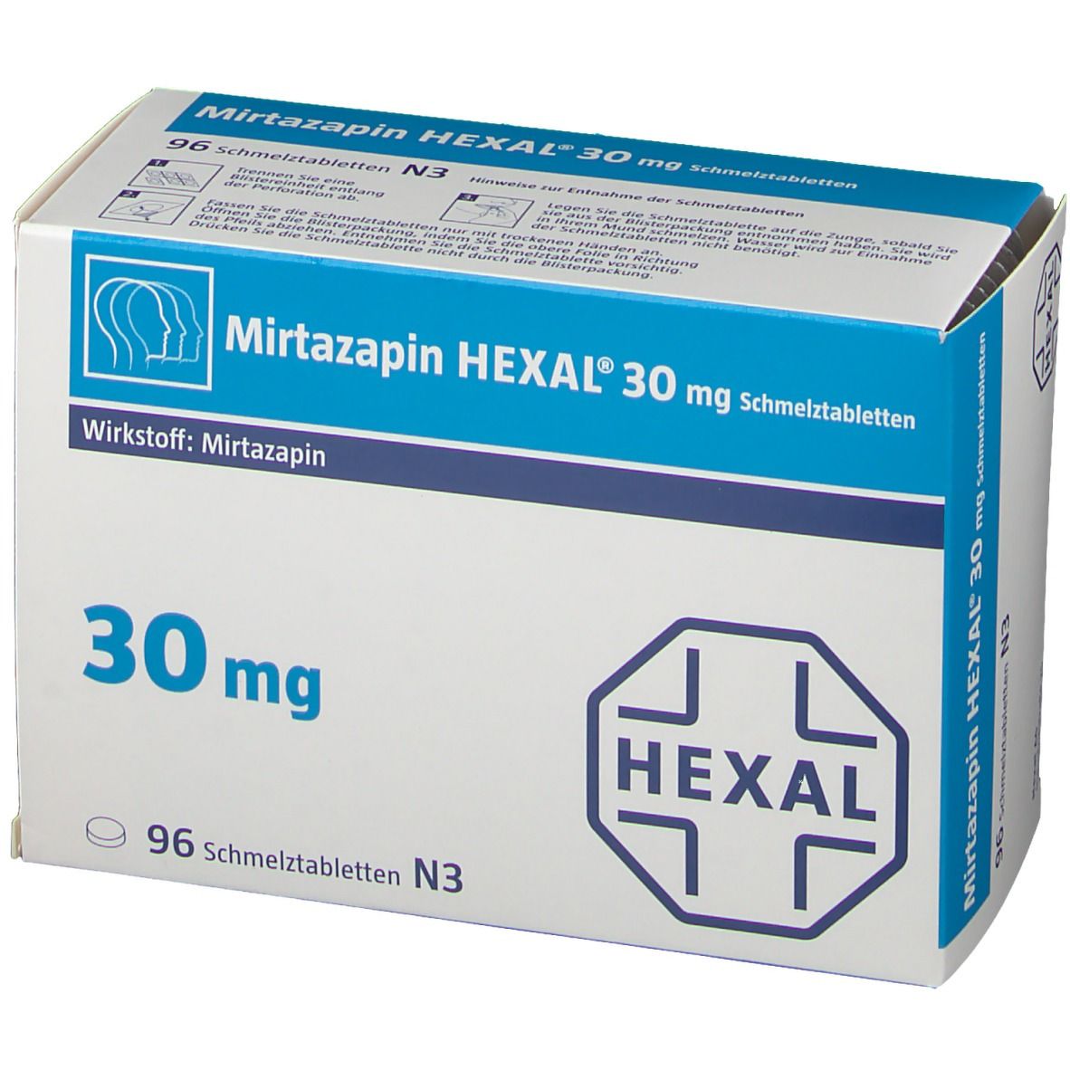 Schachtel MIRTAZAPIN HEXAL 30 mg Schmelztabletten. Weiße Verpackung mit blauen Akzenten. Enthält 96 Tabletten. HEXAL Logo.