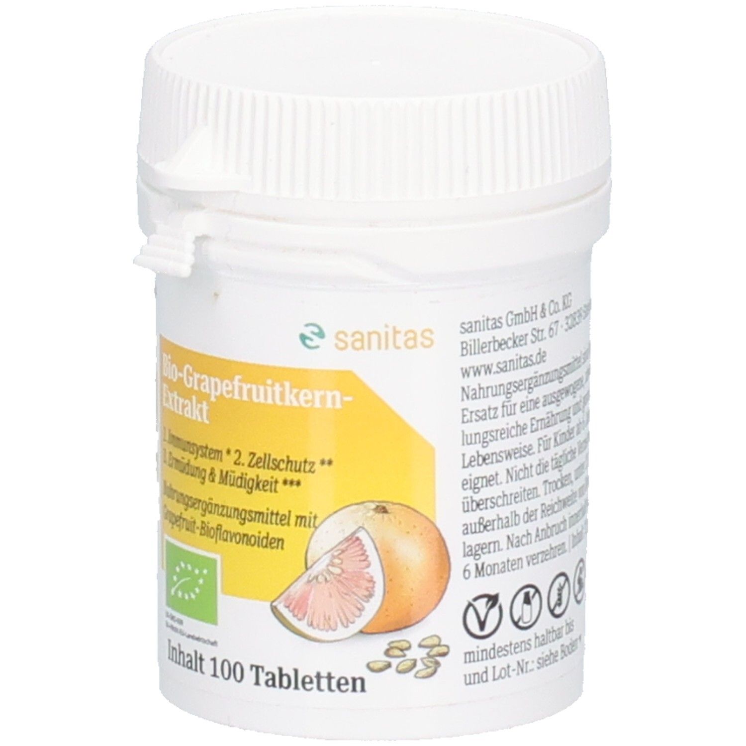 Weißes Tabletten-Behältnis mit Deckel. Aufschrift: Bio-Grapefruitkern-Extrakt, Sanitas. Abbildung einer Grapefruit. Inhalt: 100 Tabletten.