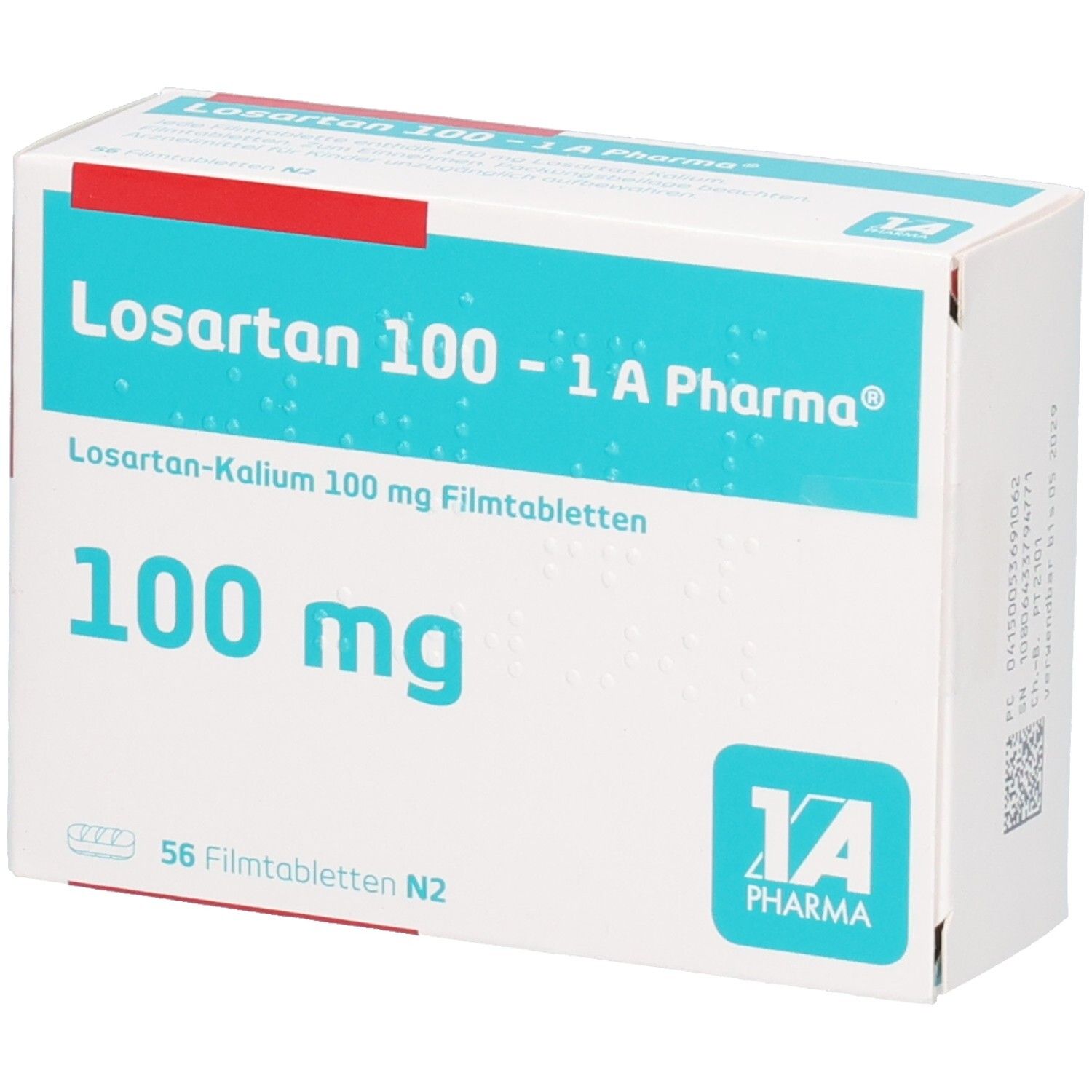 Arzneimittelpackung mit der Aufschrift Losartan 100 - 1 A Pharma. Enthält 56 Filmtabletten. Die Dosierung ist 100 mg.