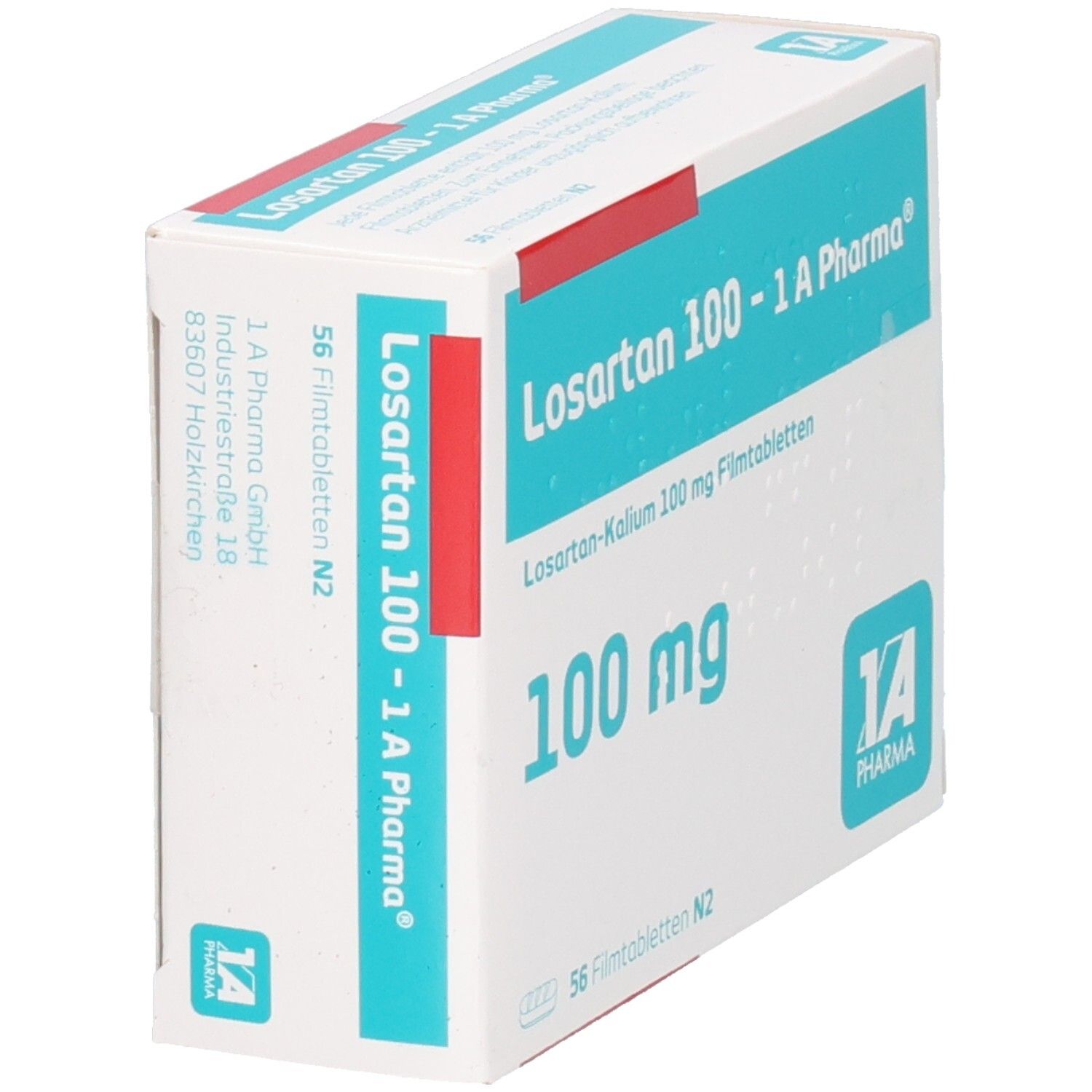 Schräg gestellte Arzneimittelpackung Losartan 100 - 1 A Pharma. Aufschrift: 100 mg, 56 Filmtabletten. Logo 1 A Pharma.