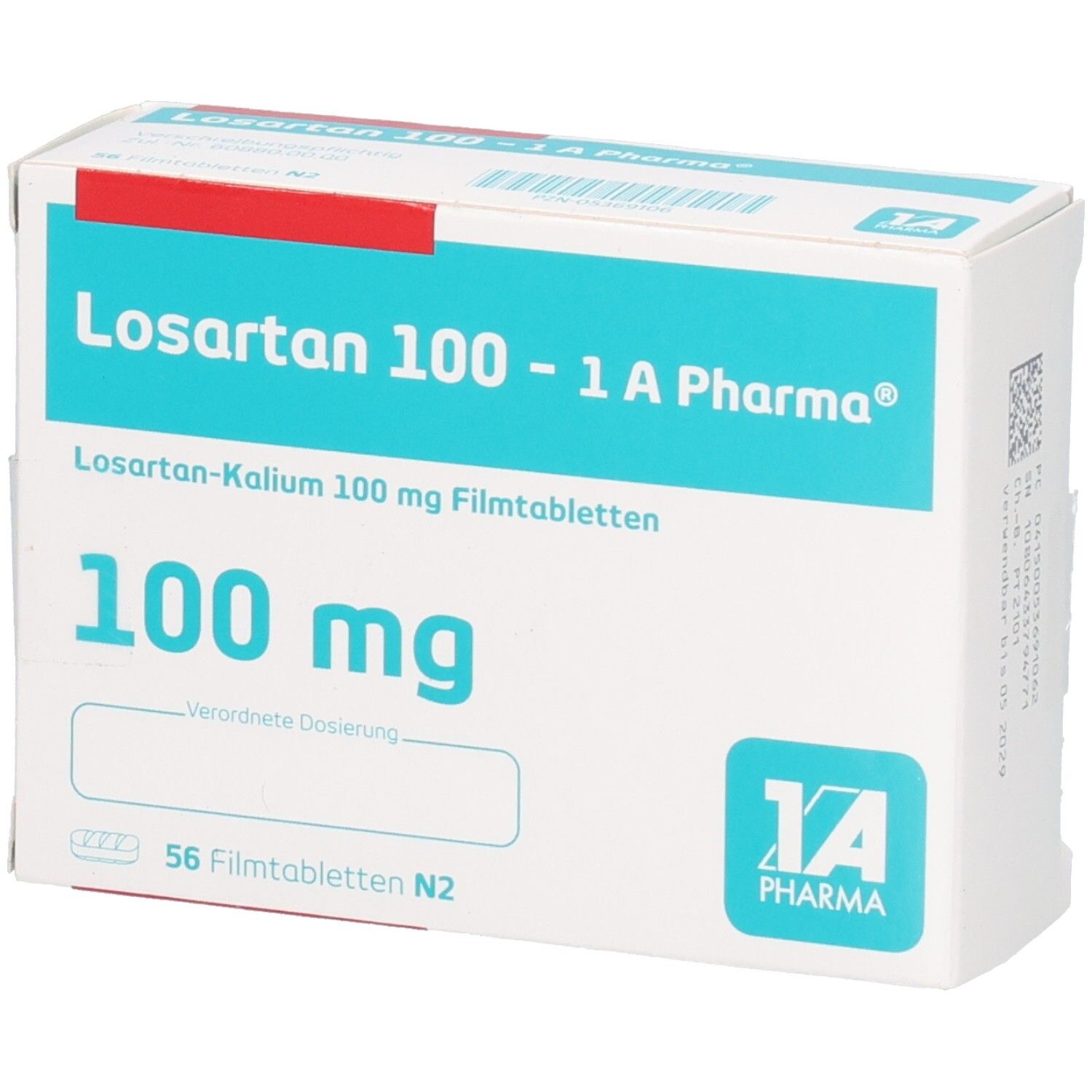 Arzneimittelpackung Losartan 100 - 1 A Pharma. Enthält 56 Filmtabletten. Dosierung 100 mg. Mit Feld für die verordnete Dosierung.