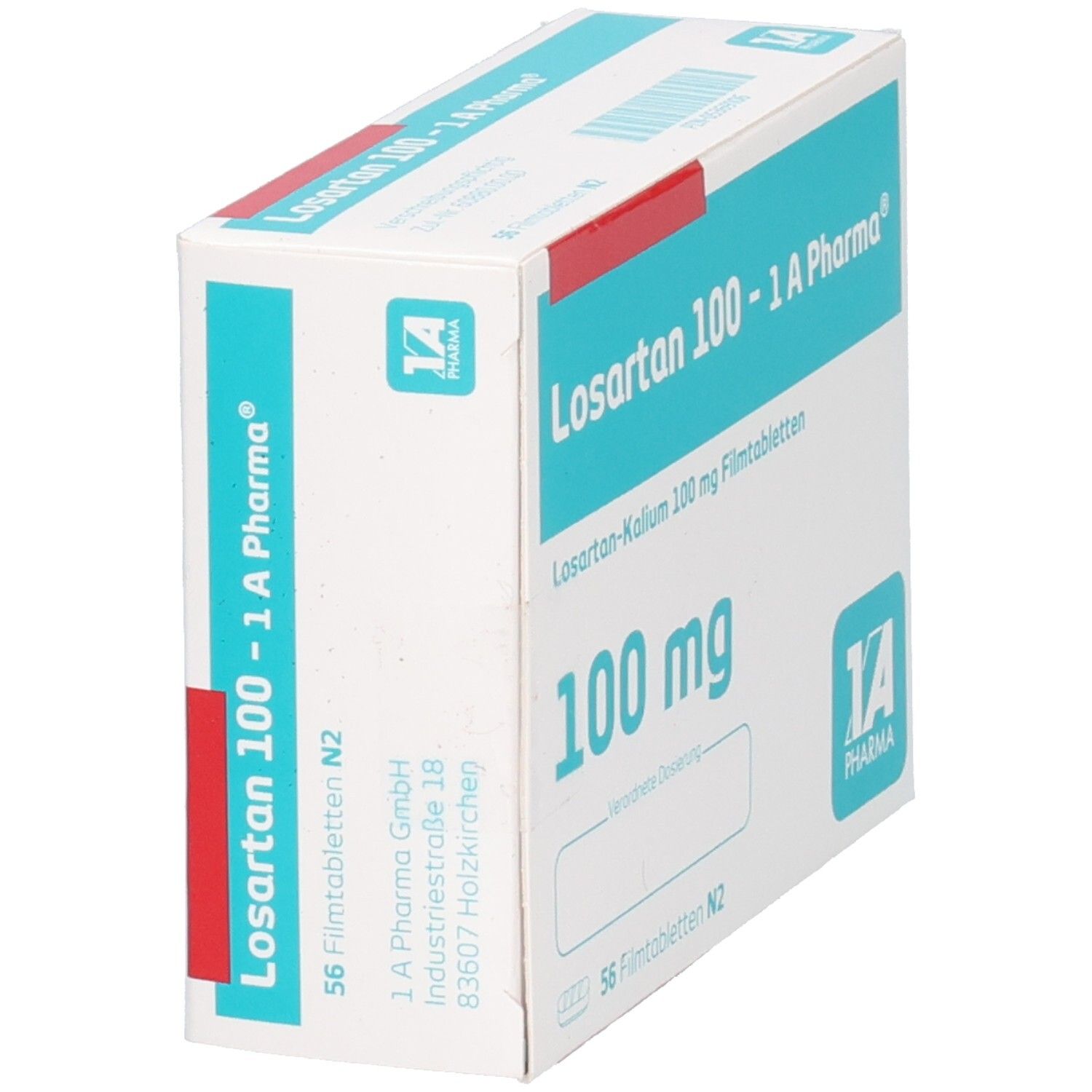 Schräg gestellte Arzneimittelpackung Losartan 100 - 1 A Pharma. Aufschrift: 100 mg, 56 Filmtabletten. Logo 1 A Pharma.