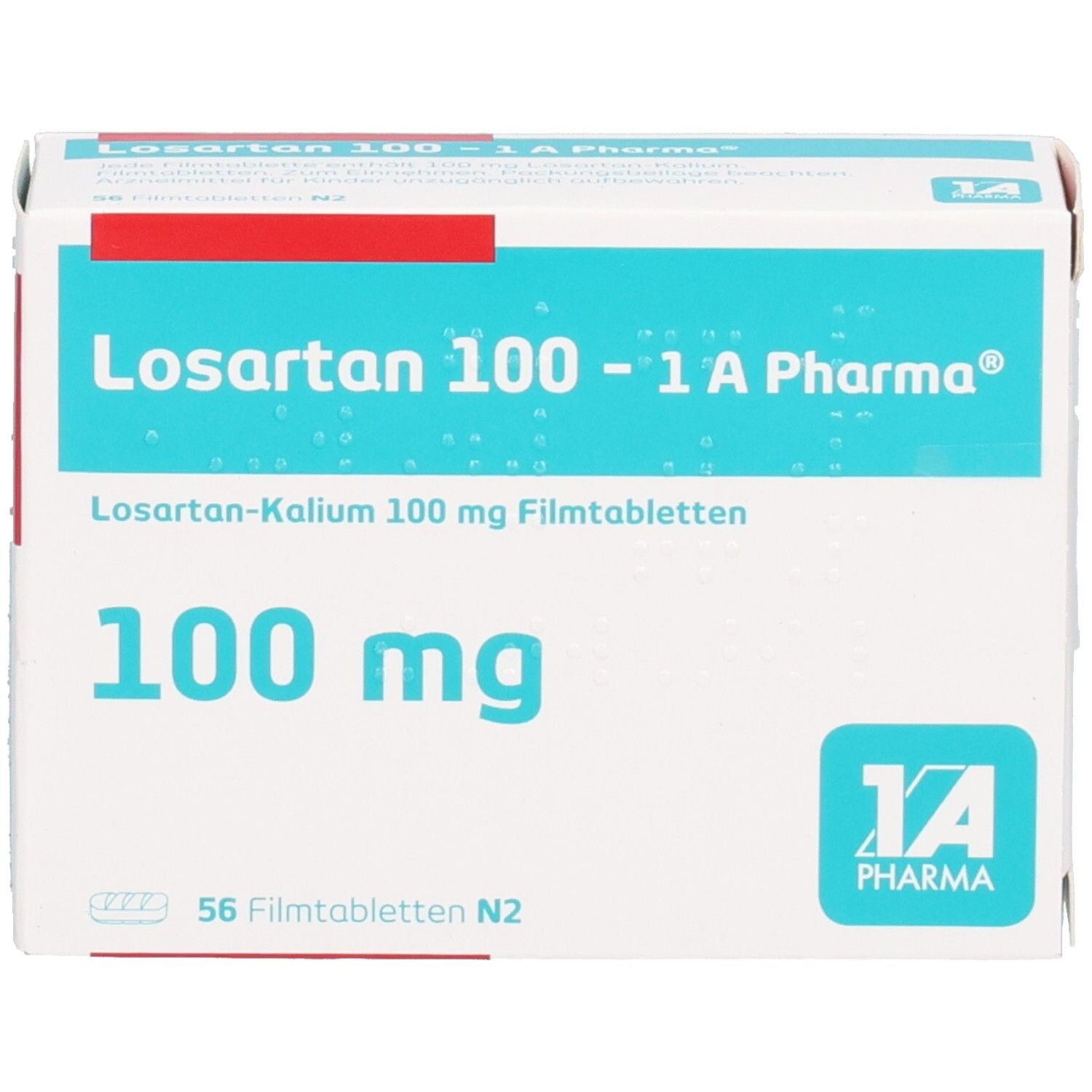 Arzneimittelpackung Losartan 100 - 1 A Pharma. Aufschrift: 100 mg, 56 Filmtabletten. Logo 1 A Pharma.