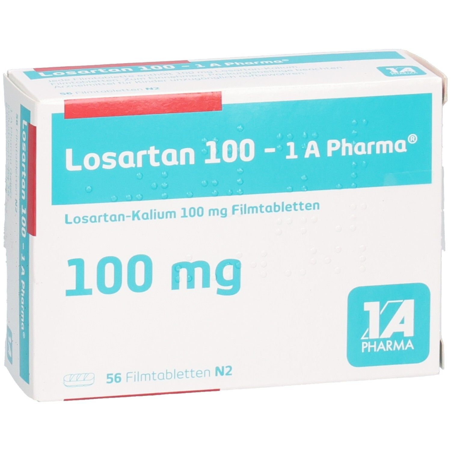Arzneimittelpackung Losartan 100 - 1 A Pharma. Aufschrift: 100 mg, 56 Filmtabletten. Logo 1 A Pharma.