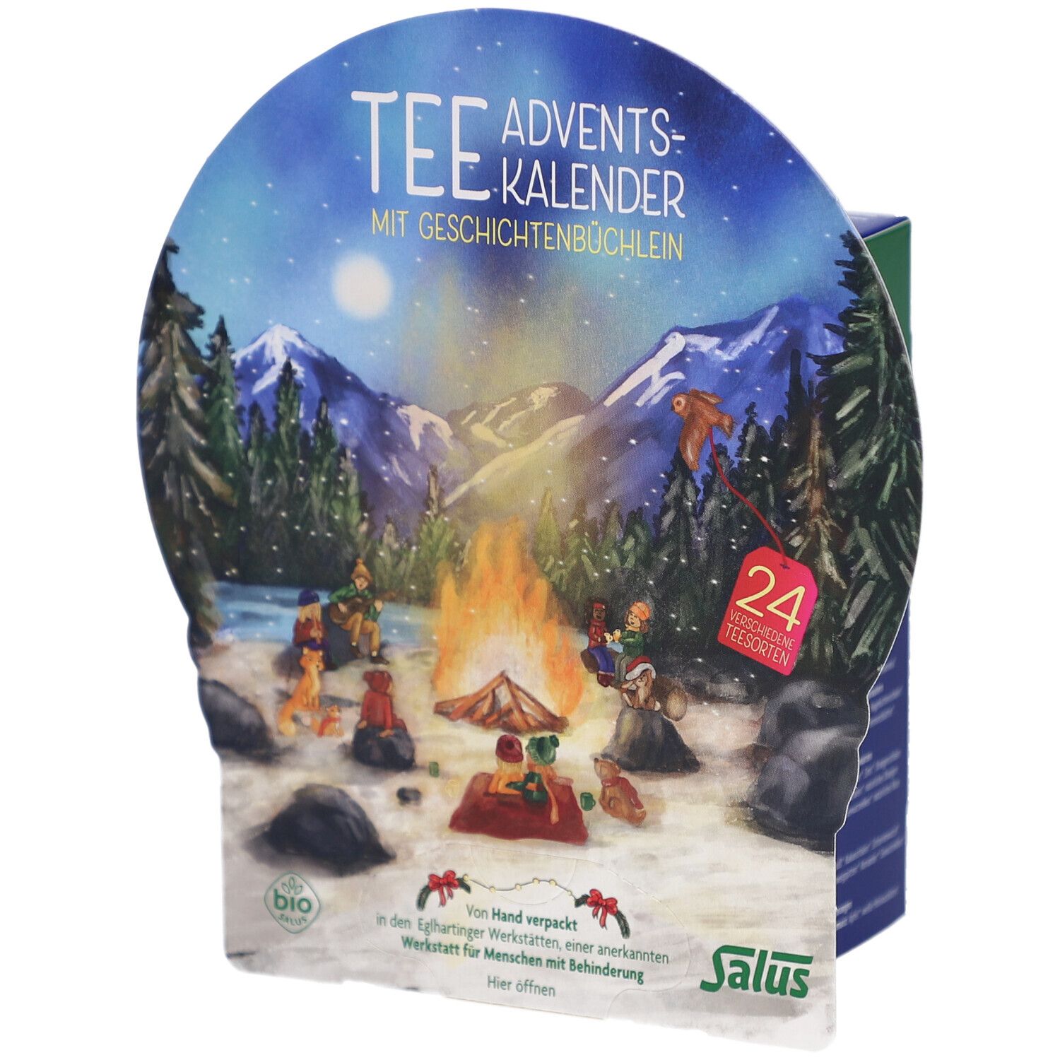 Adventskalender mit Tee, 24 Teesorten. Verpackung mit Illustrationen: Winterlandschaft, Tiere. Marke Salus.