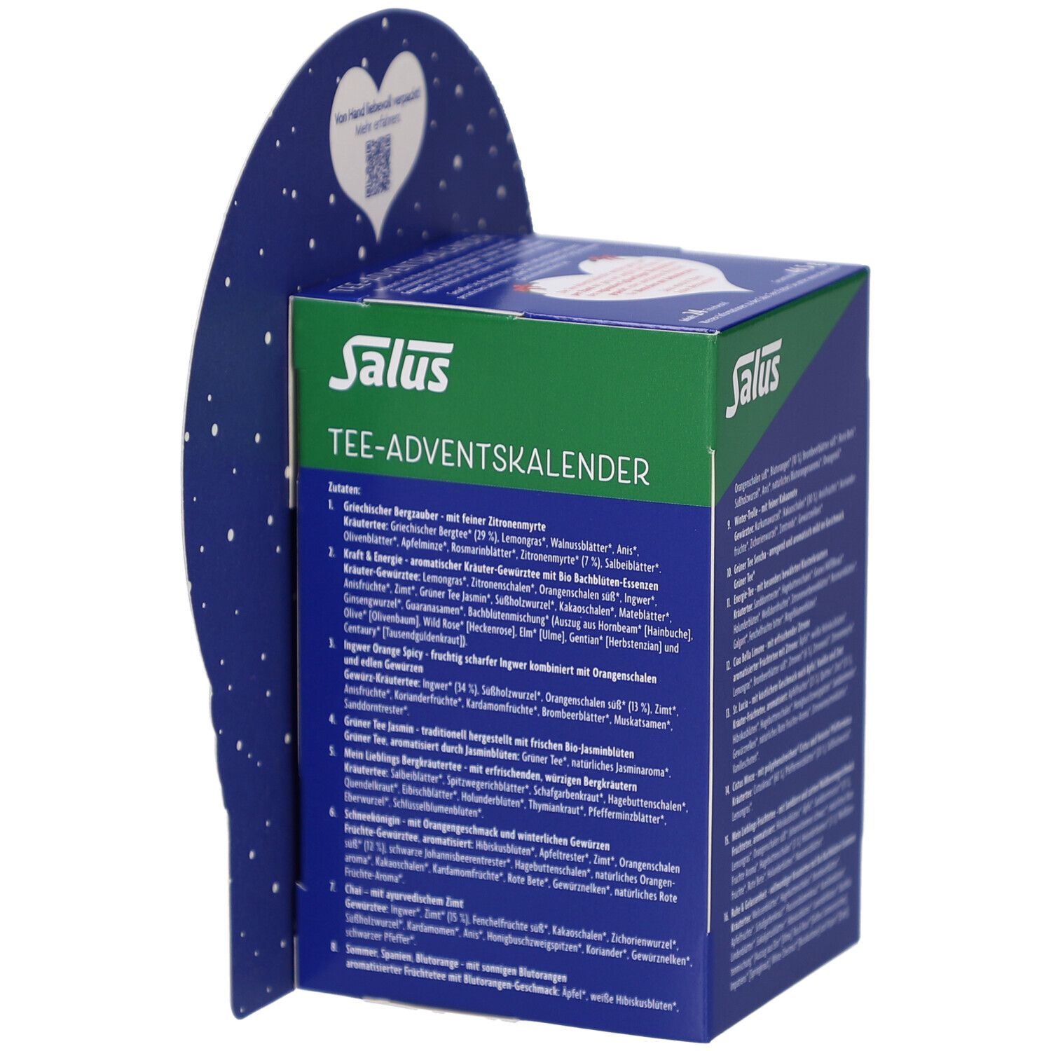 Adventskalender mit Tee. Rückseite der Verpackung mit Text und Marke Salus. Bio-Siegel.