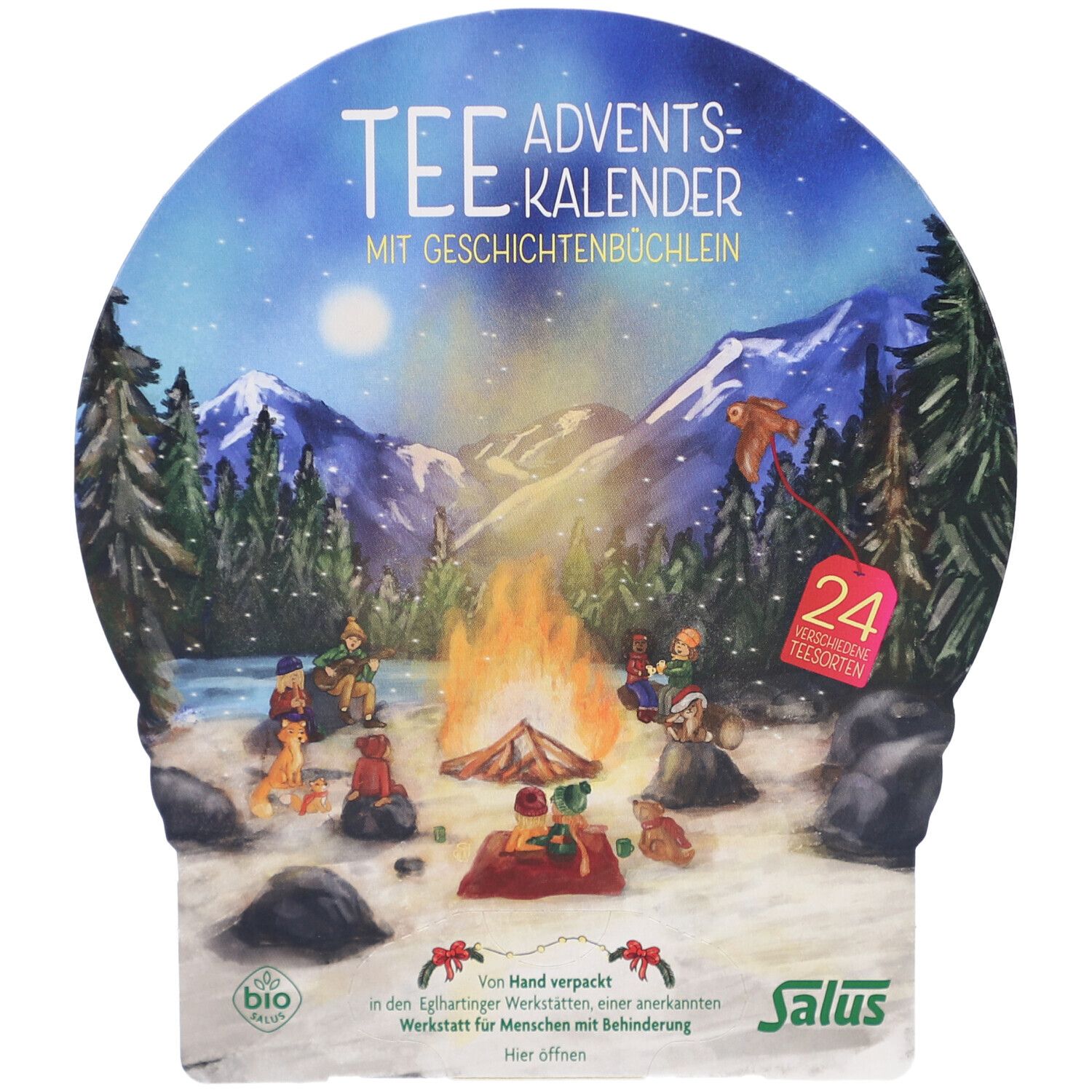 Adventskalender mit Tee, 24 Teesorten. Verpackung mit Illustrationen: Winterlandschaft, Tiere. Marke Salus.