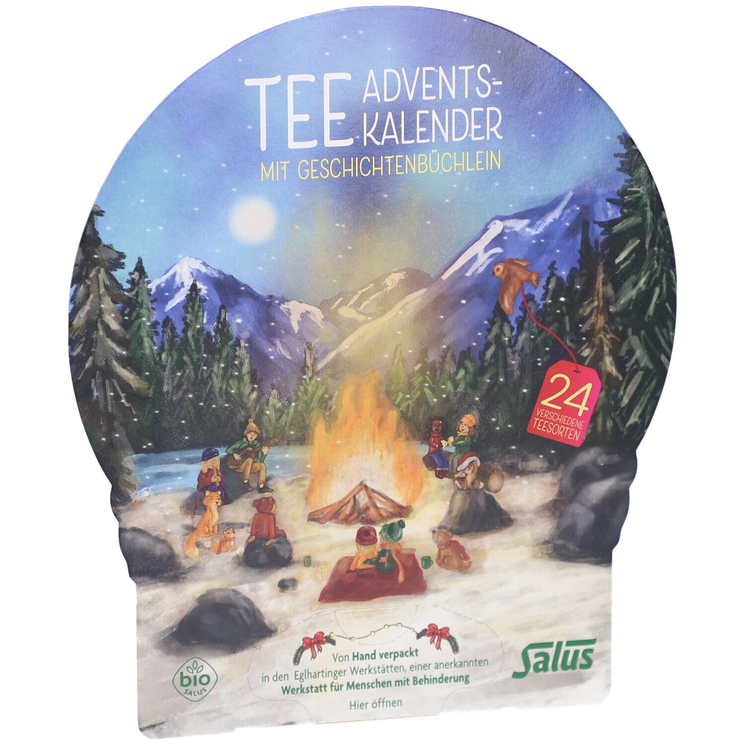Adventskalender mit Tee, 24 Teesorten. Verpackung mit Illustrationen: Winterlandschaft, Tiere. Marke Salus.