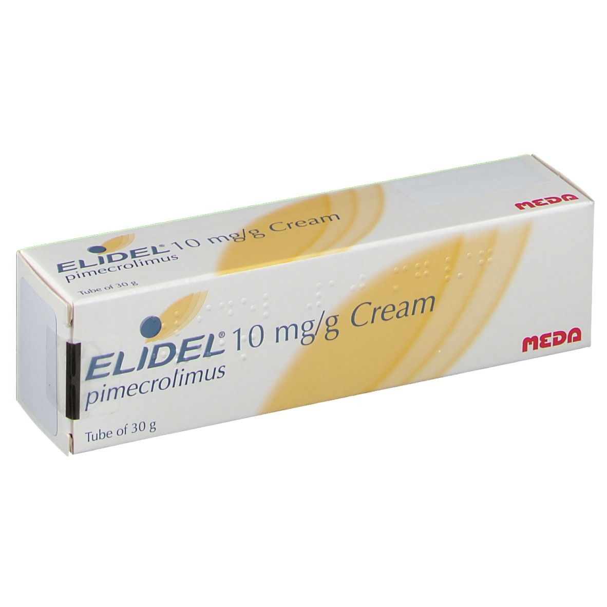 Schachtel mit Elidel 10 mg/g Creme. Aufschrift: pimecrolimus, Tube of 30 g. MEDA-Logo.