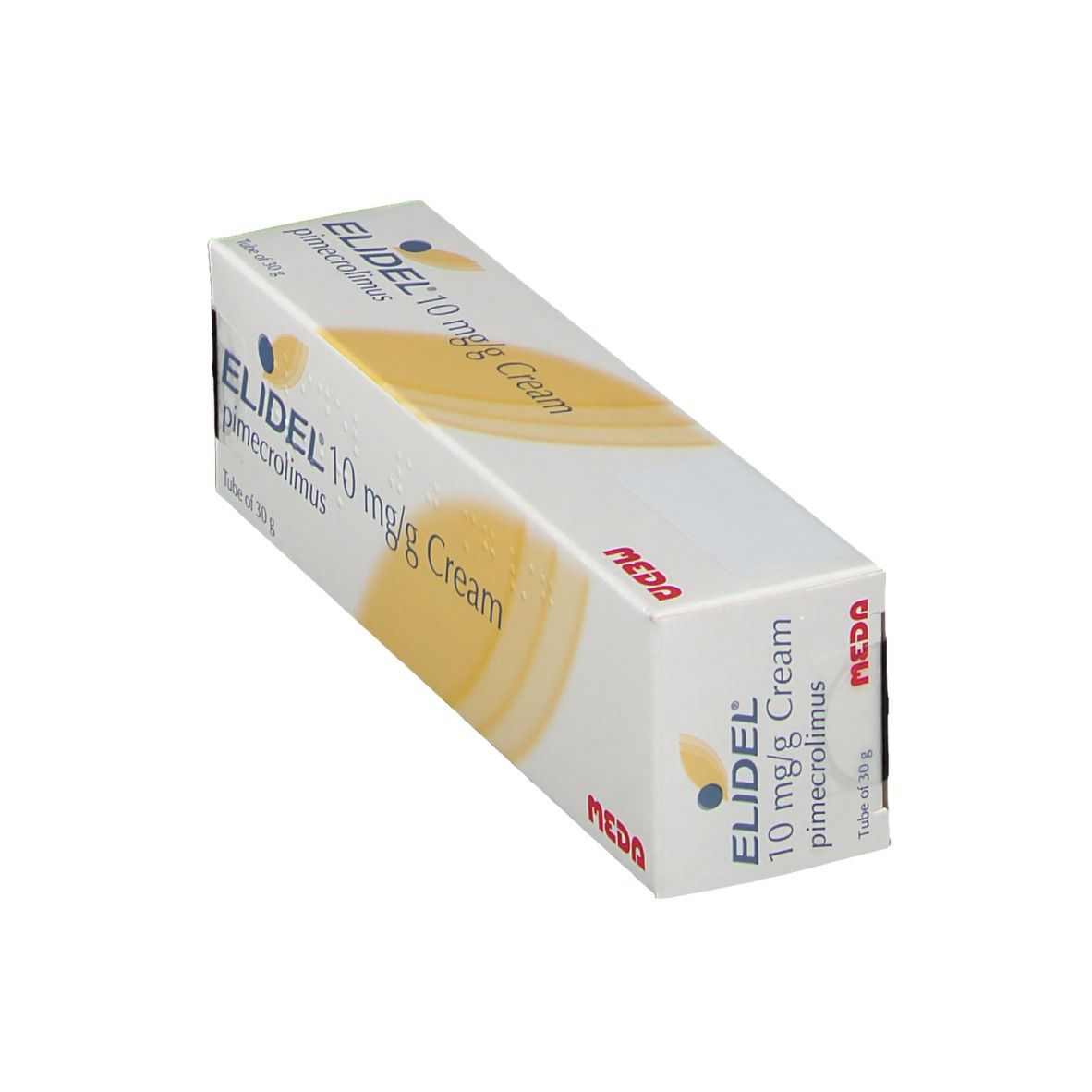 Schachtel mit Elidel 10 mg/g Creme. Aufschrift: pimecrolimus, Tube of 30 g. MEDA-Logo.