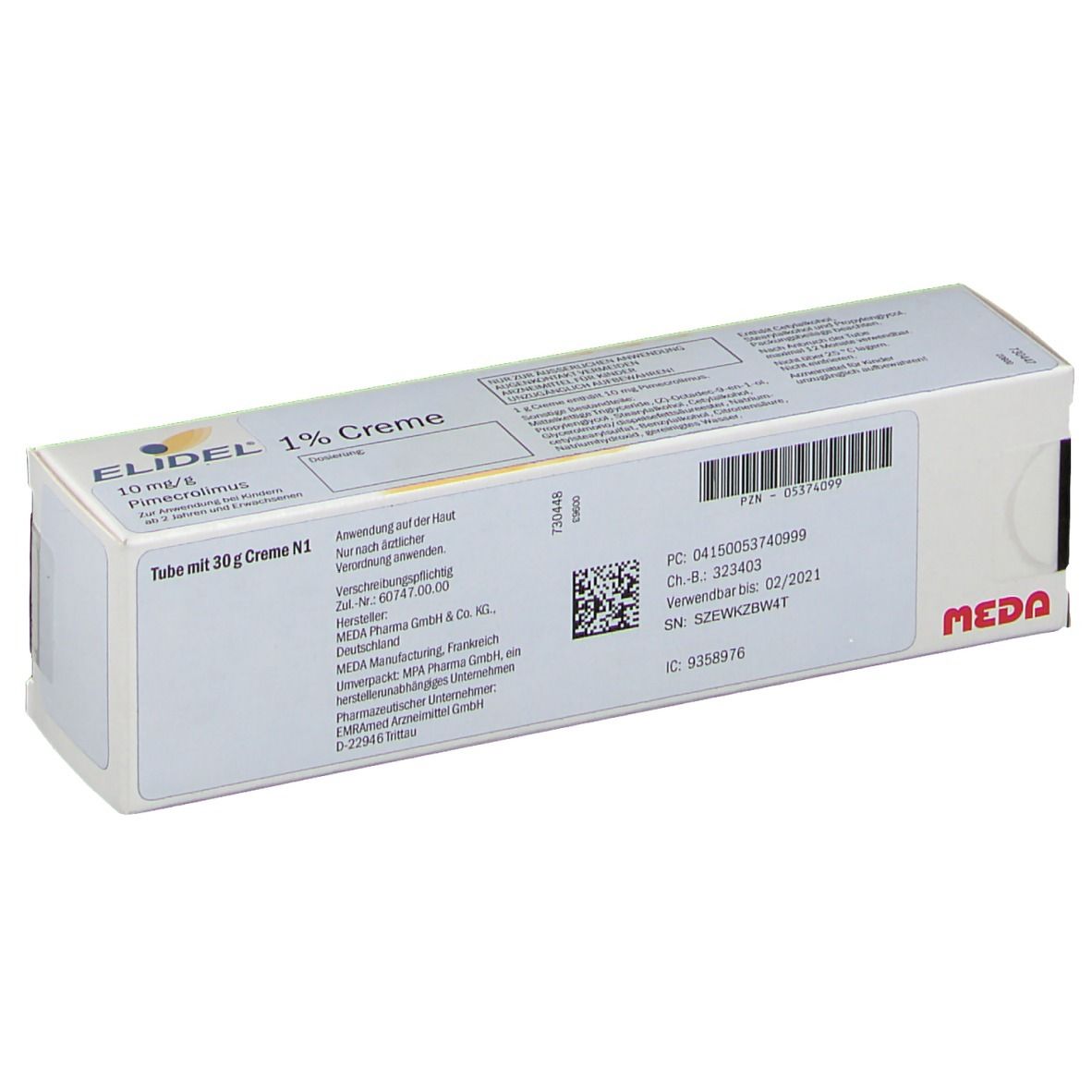 Schachtel mit Elidel 1% Creme. Aufschrift: pimecrolimus, Tube mit 30 g Creme N1. MEDA-Logo.