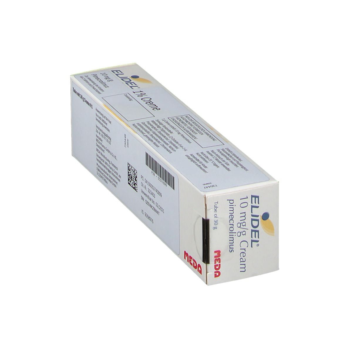 Schachtel mit Elidel 10 mg/g Creme. Aufschrift: pimecrolimus. MEDA-Logo. Tube mit 30 g. Barcode und weitere Informationen.