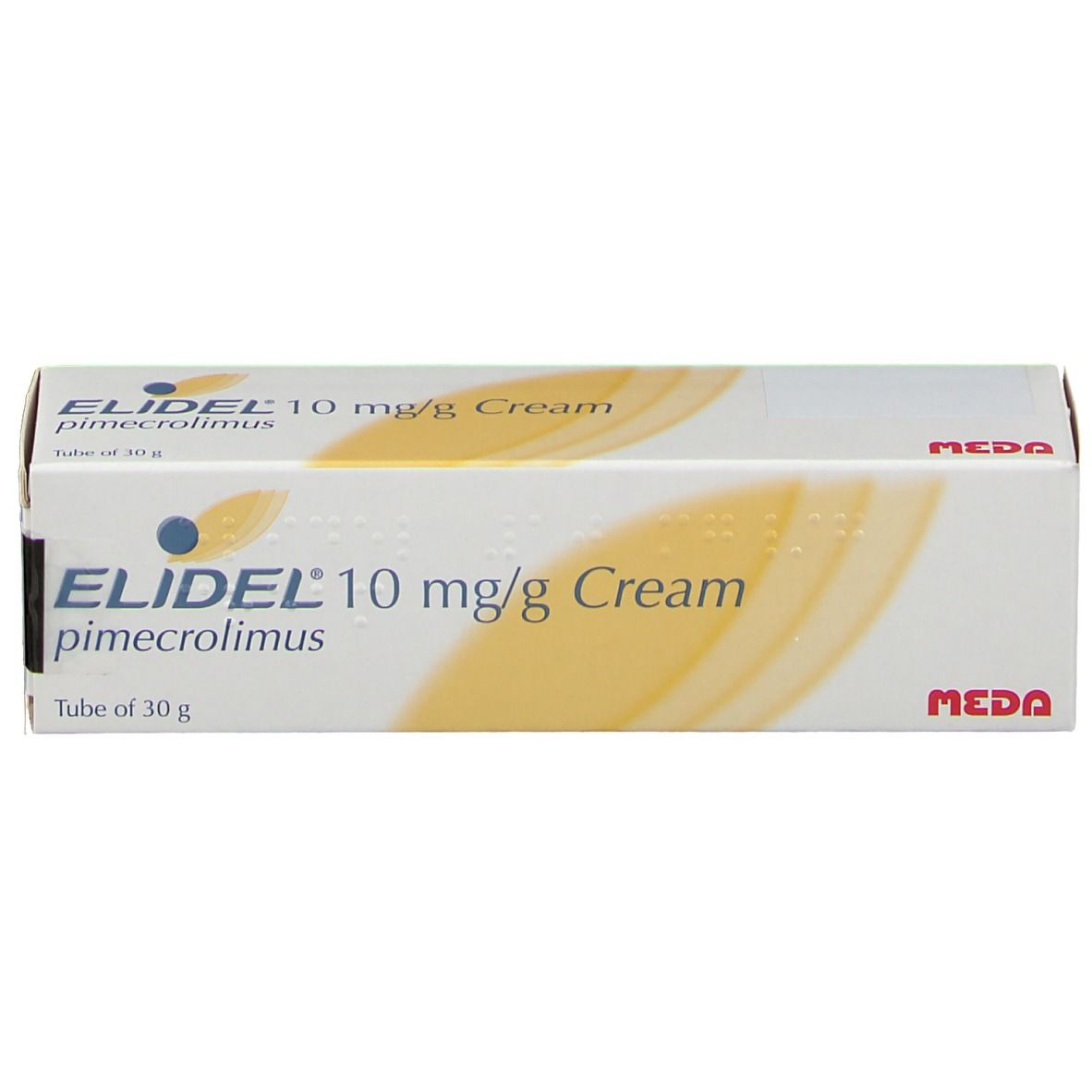 Schachtel mit Elidel 10 mg/g Creme. Aufschrift: pimecrolimus, Tube of 30 g. MEDA-Logo.