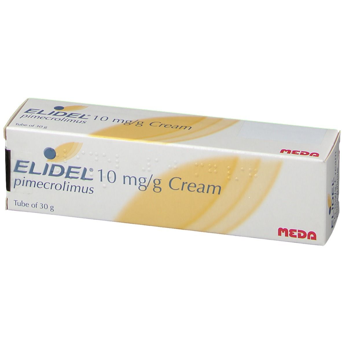 Schachtel mit Elidel 10 mg/g Creme. Aufschrift: pimecrolimus, Tube of 30 g. MEDA-Logo.