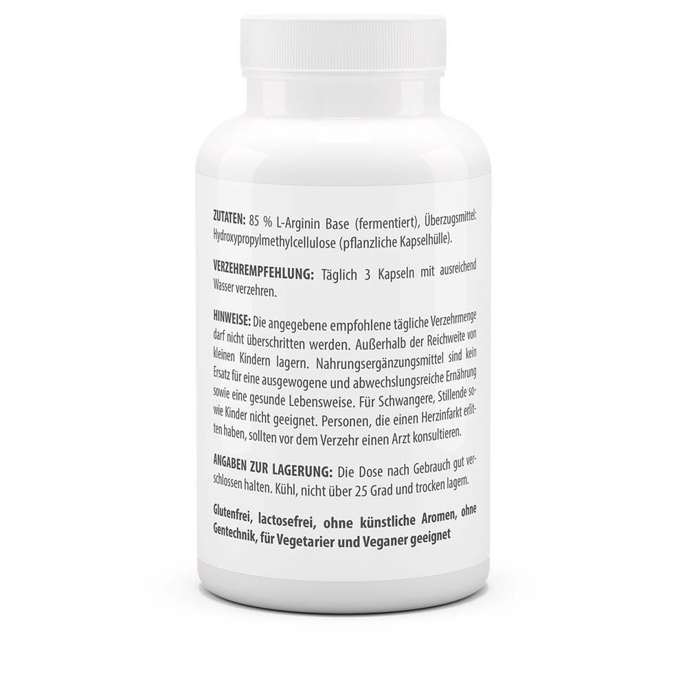 Weiße Flasche mit Kapseln. Rückseite mit Inhaltsstoffen, Verzehrempfehlung und Lagerhinweisen.