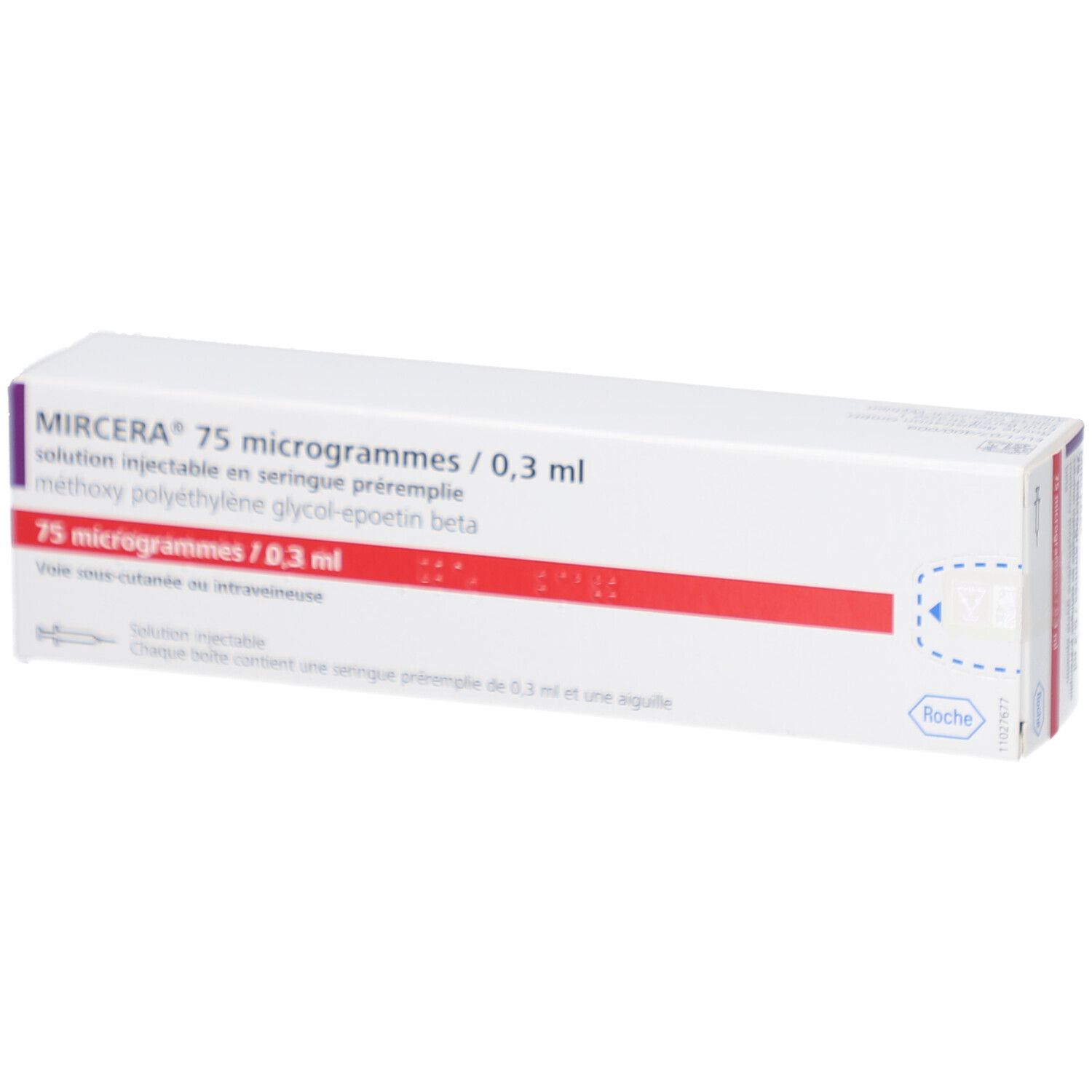 Weiße Schachtel mit rotem Streifen und Text. Beschriftung: MIRCERA 75 Mikrogramm/0,3 ml. Injektionslösung. Roche-Logo.