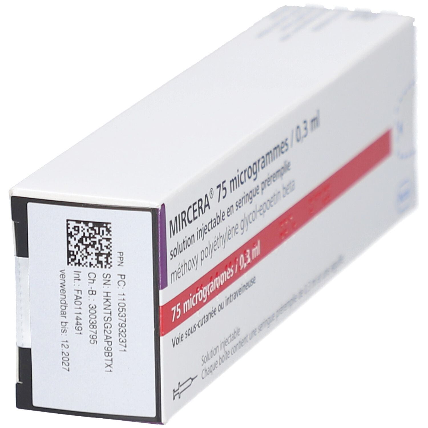 MIRCERA 75 Mikrogramm/0,3 ml Schachtel. QR-Code und weitere Informationen auf der Seite. Schräge Ansicht.