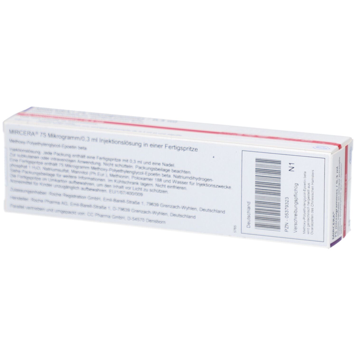 Rückseite der MIRCERA 75 Mikrogramm/0,3 ml Schachtel. Barcode und Text. Weiße Verpackung.