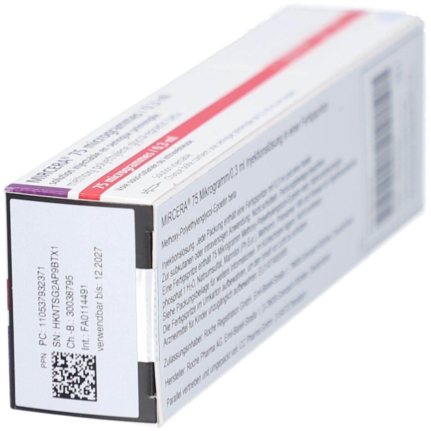 MIRCERA 75 Mikrogramm/0,3 ml Schachtel. Schräge Ansicht der Verpackung mit Text und Barcode.
