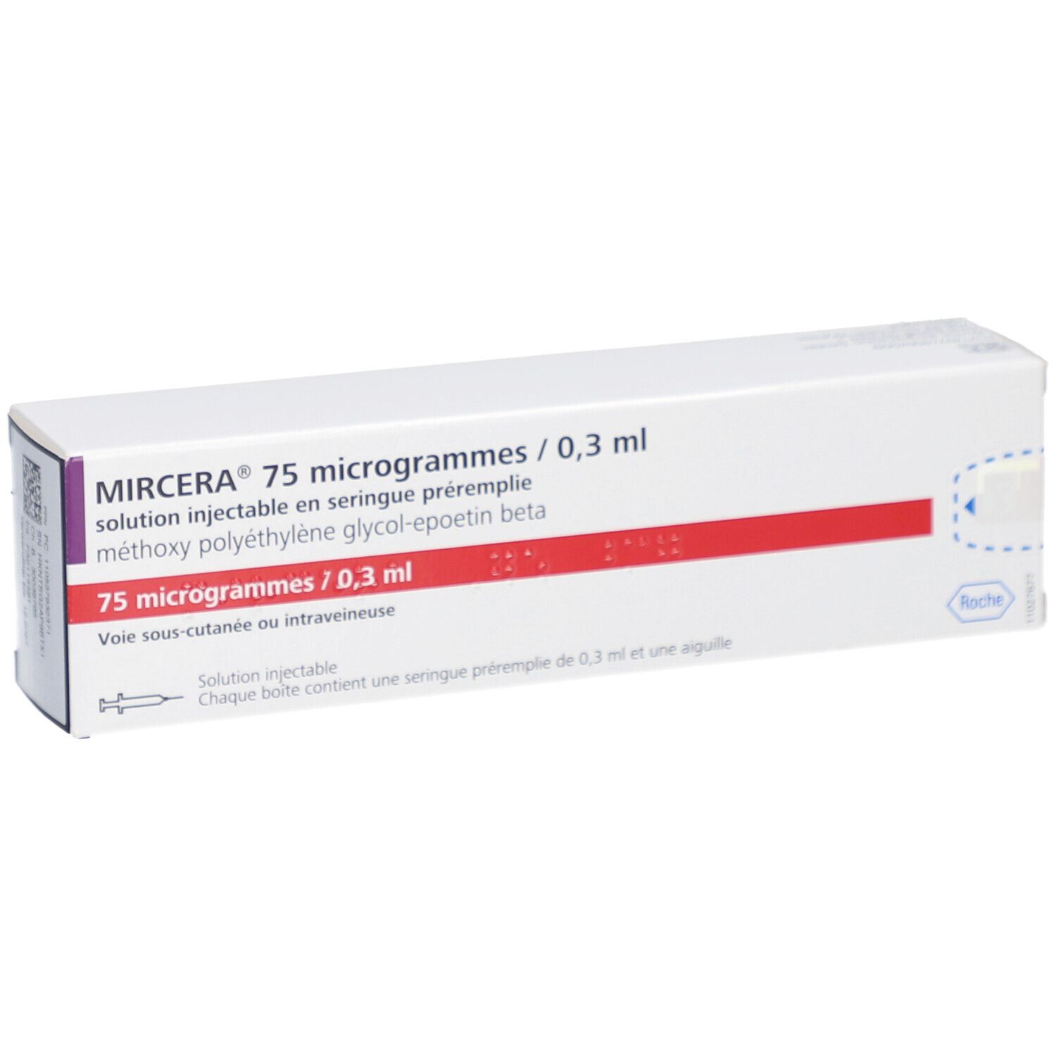 Weiße Schachtel mit rotem Streifen und Text. Beschriftung: MIRCERA 75 Mikrogramm/0,3 ml. Injektionslösung. Roche-Logo.