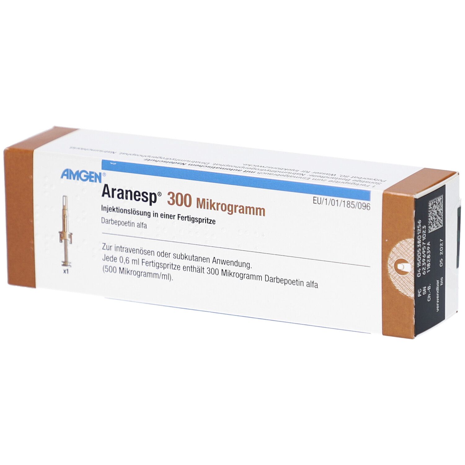 Aranesp 300 Mikrogramm-Packung. Weißer Karton mit braunen Akzenten. Beschriftung mit Produktname, Dosierung und Hersteller.