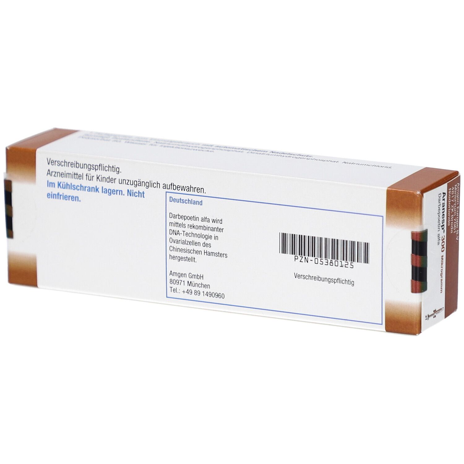 Rückseite der Aranesp 300 Mikrogramm-Packung. Enthält Informationen wie Herstelleradresse und Chargennummer.