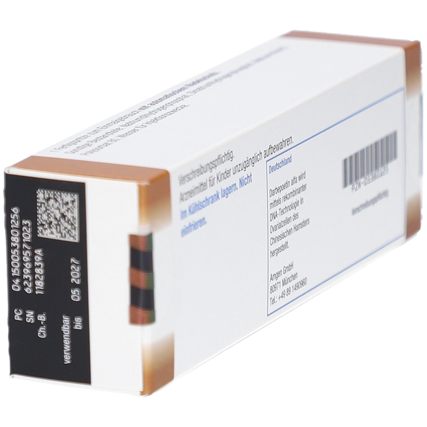 Seitenansicht der Aranesp 300 Mikrogramm-Packung. Zeigt Chargennummer und Verfallsdatum. Braune und weiße Farbgebung.