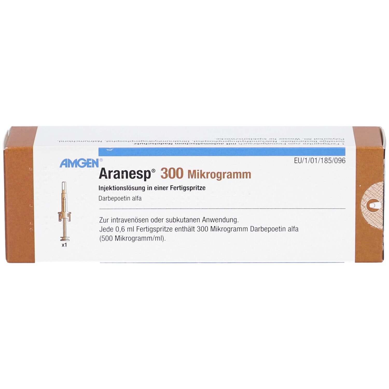Aranesp 300 Mikrogramm-Packung. Vorderansicht. Produktname, Dosierung und eine Abbildung einer Fertigspritze sind sichtbar.