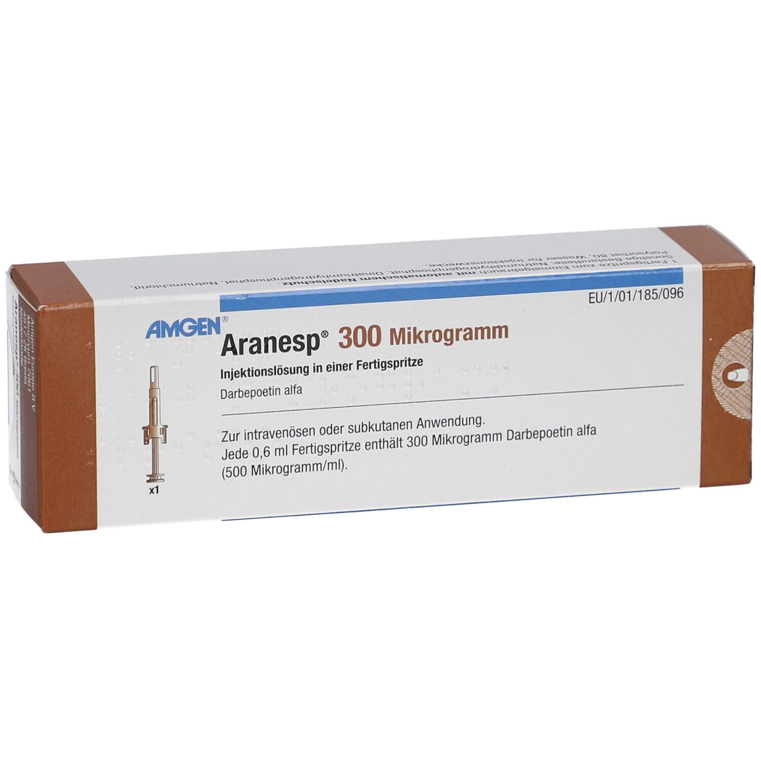 Aranesp 300 Mikrogramm-Packung. Vorderansicht. Produktname, Dosierung und eine Abbildung einer Fertigspritze sind sichtbar.